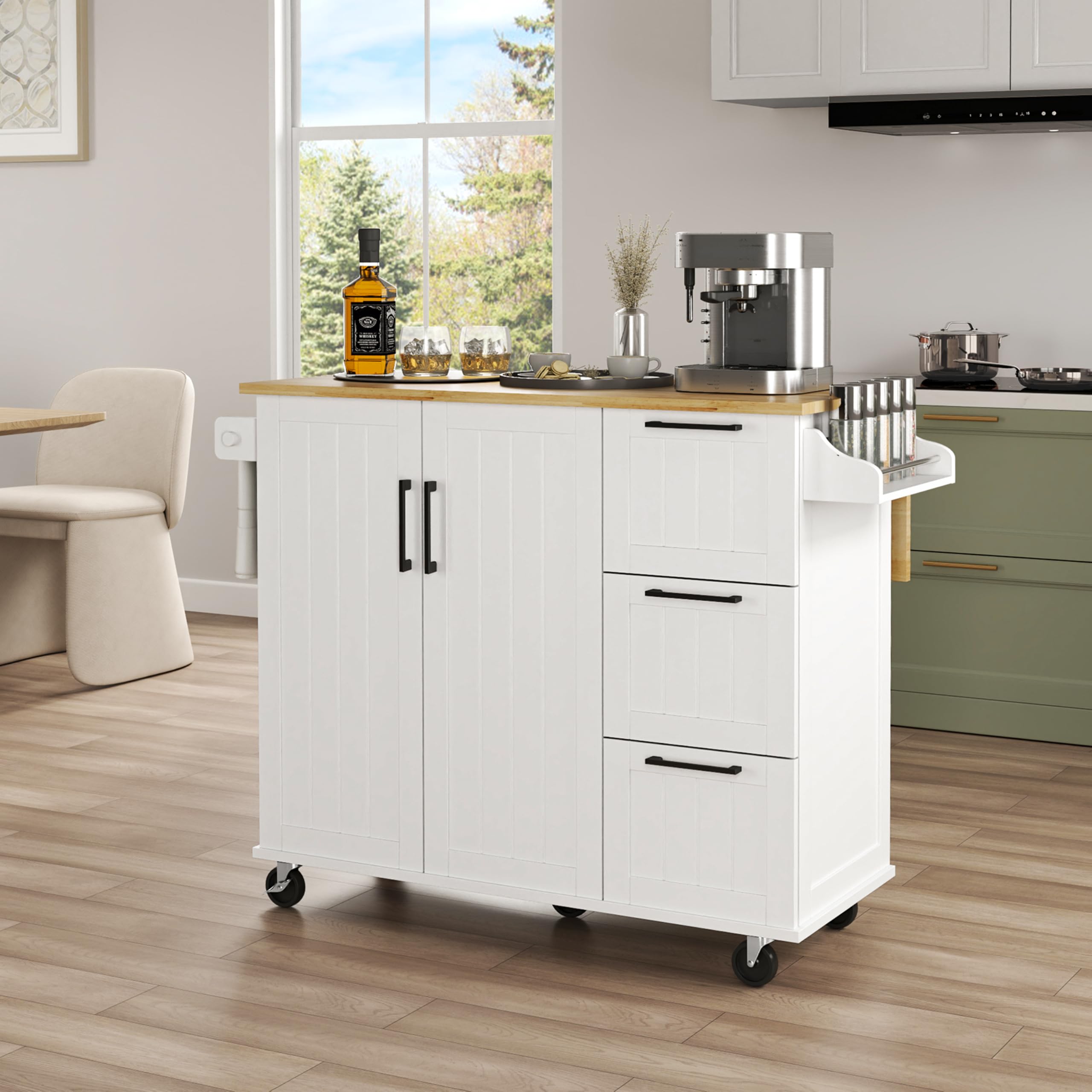 Yaheetech Kitchen Island With Drop-Leaf Breakfast Bar, 53' Width Kitchen Cart On 5 Universal Wheels With Rubberwood Top, Storage Cabinet, 3 Drawers, And Spice Rack For Dining Room, White