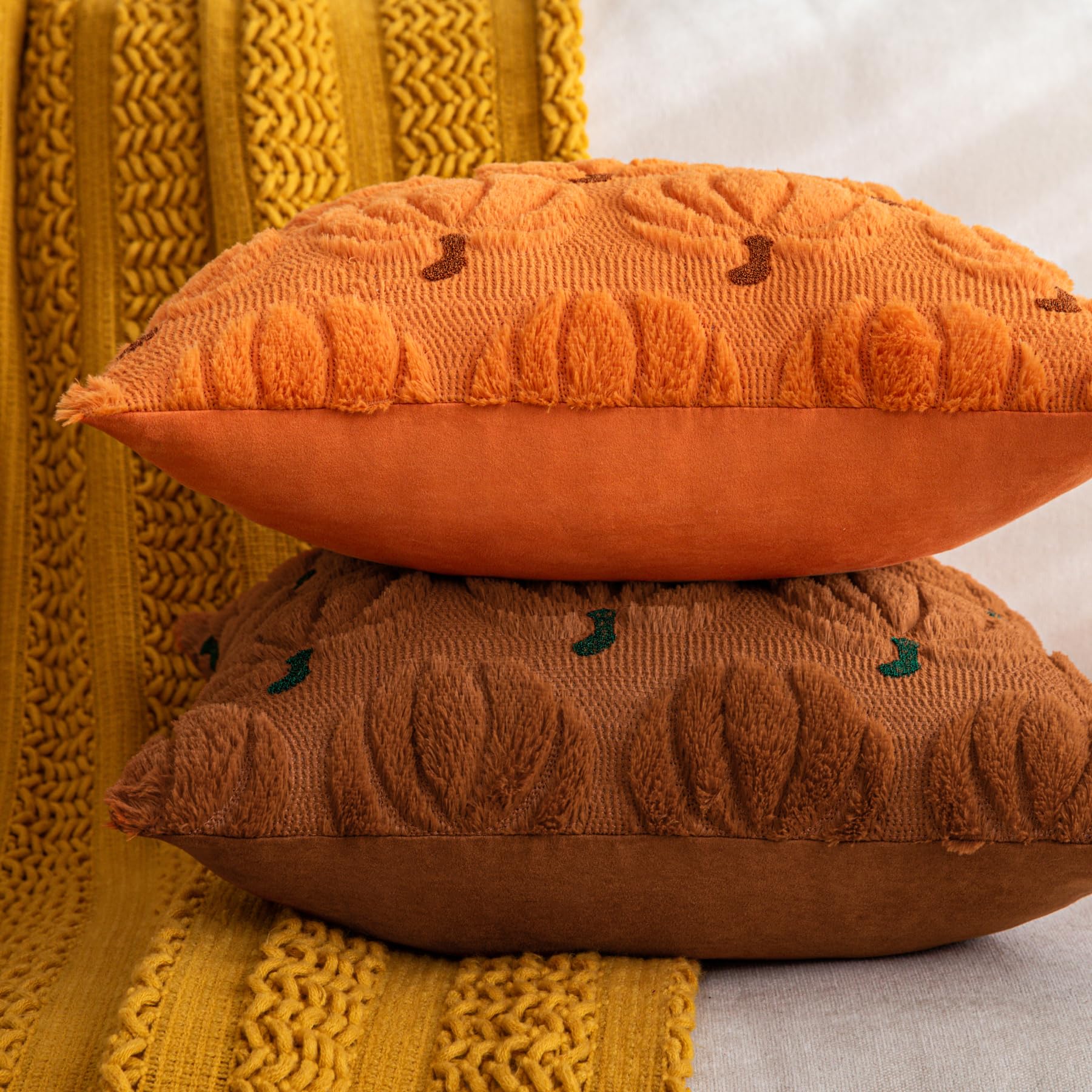 Cosibono Pumpkin Fall Decorative Throw Pillow Covers 18'X18', Set Of 2 Orange Brown Soft Faux Fur Pillow Covers For Autumn Har
