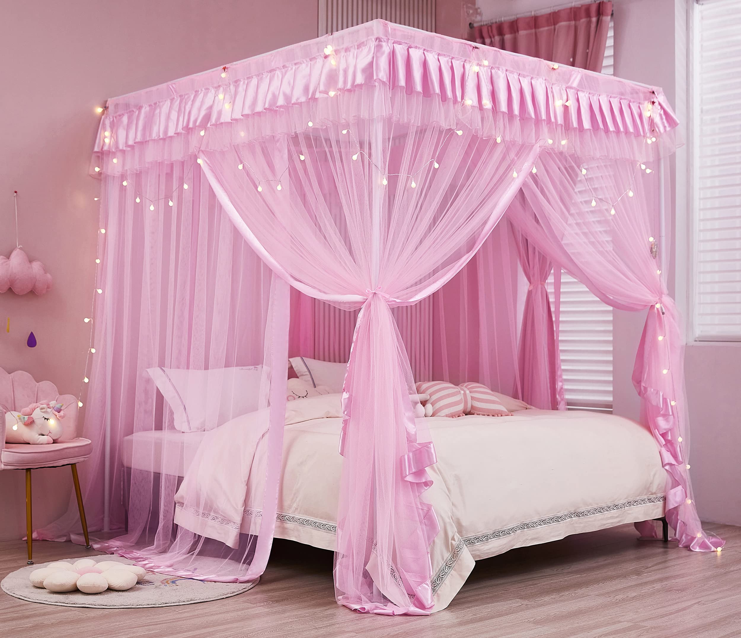 Mengersi 4 Corners Post Canopy Bed Curtains For Girls Full Size - Royal Luxurious Cozy Drape Canopy Bed Frames Netting For Kids