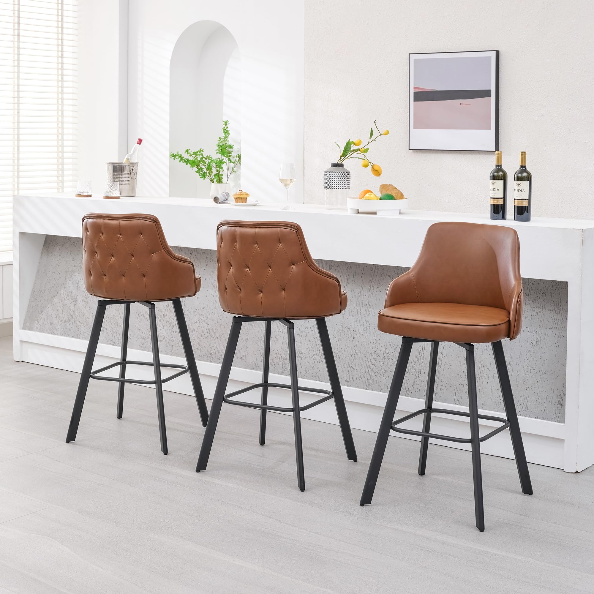 FIRAVOE Bar Stools Set of 3, 30 Swivel Bar Height Bar Stools with High Back, Faux Leather Kitchen Barstools Bar Height for Kitch