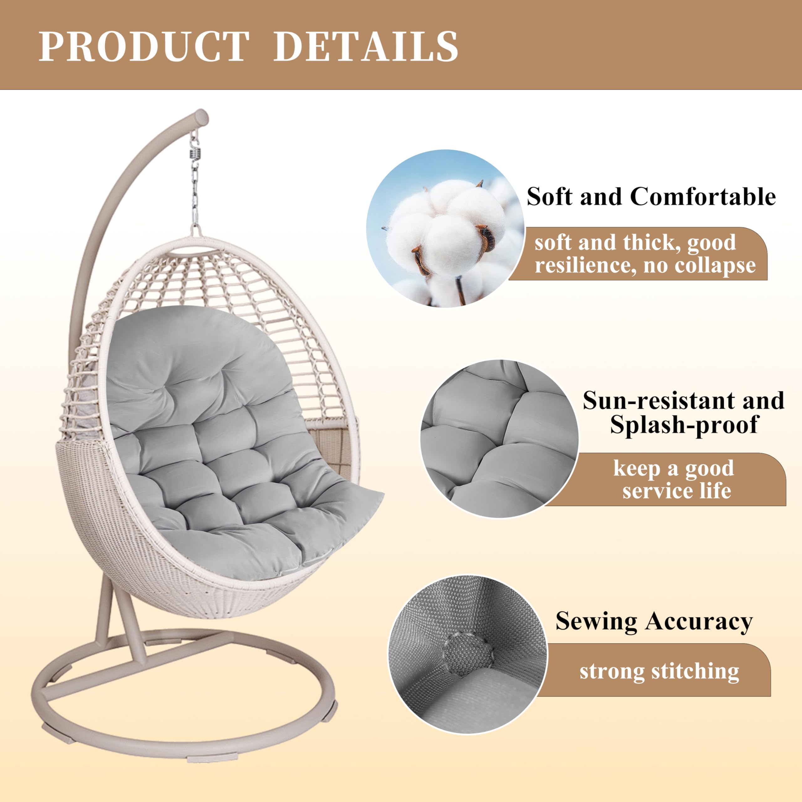 Bcknt Thicken Hanging Basket Seat Cushion, Hammock Swing Chair Cushions, Soft Egg Patio Chair Cushion With High Elasticity Pp Co