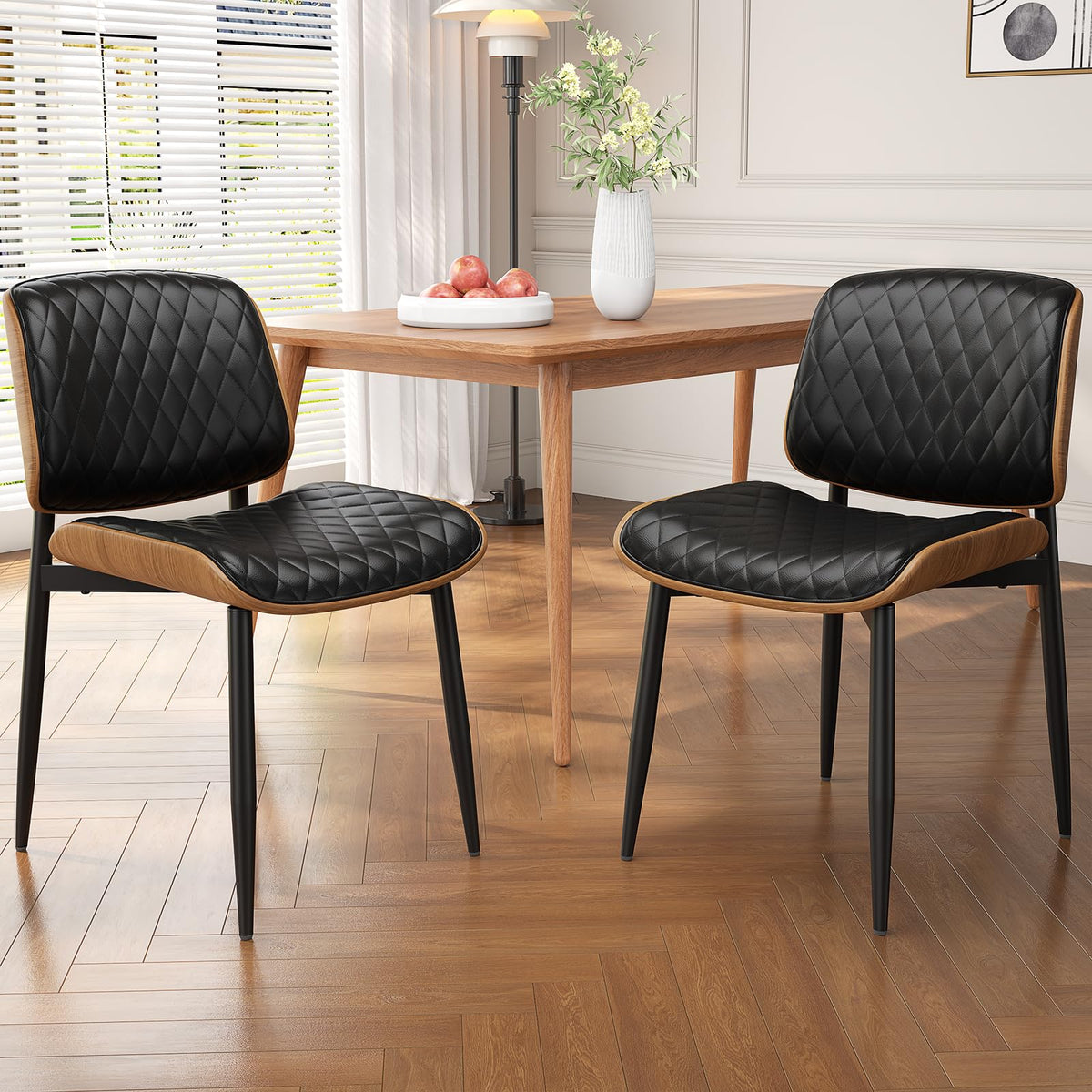 Reoney Dining Chairs Set Of 2, Mid-Century Modern Upholstered Pu Leather Chairs With Walnut Bentwood Back And Metal Legs Adjusta