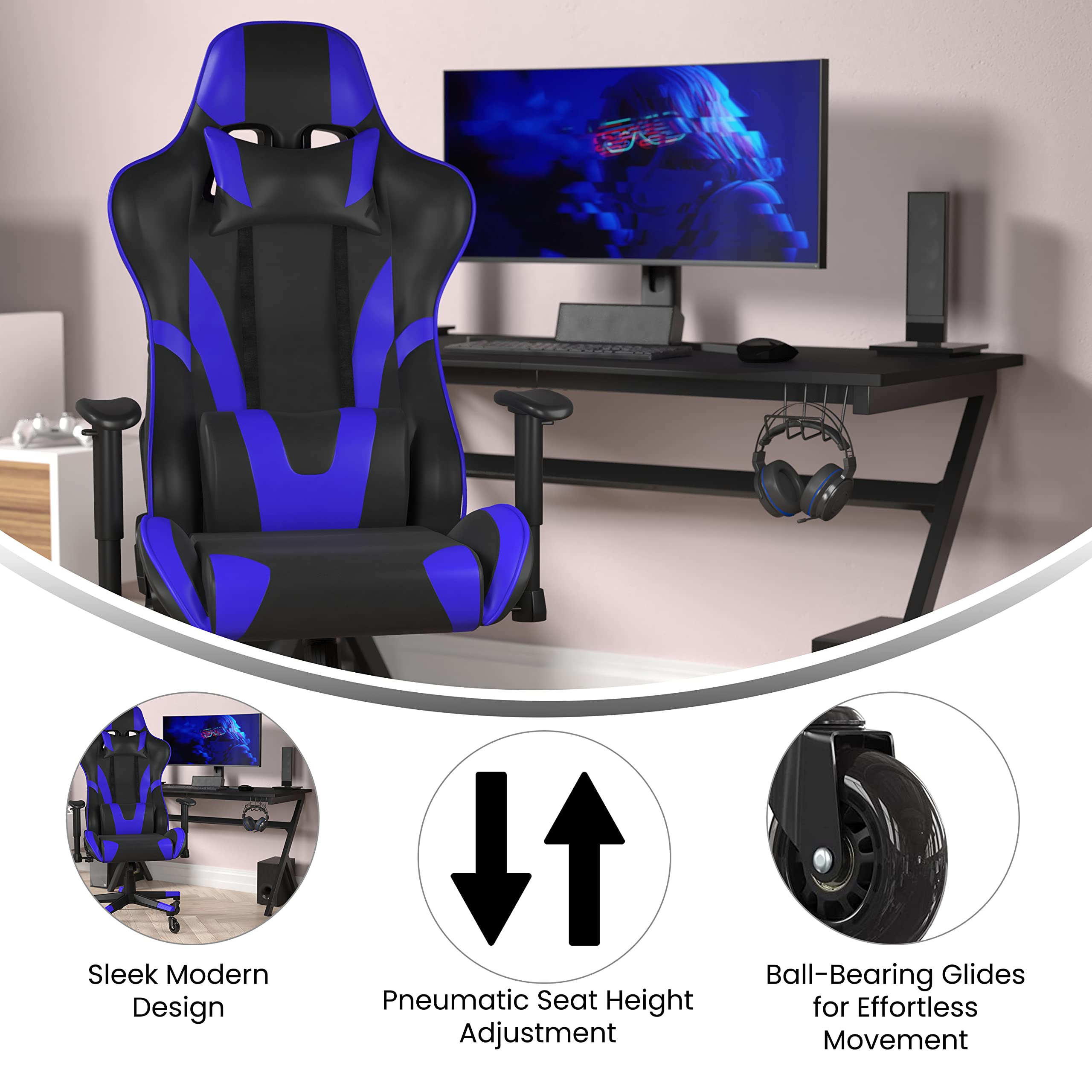 Flash Furniture X20 Gaming Chair Racing Office Computer Pc Adjustable Chair - Blue Leathersoft Upholstery - Reclining Back - Roller Wheels