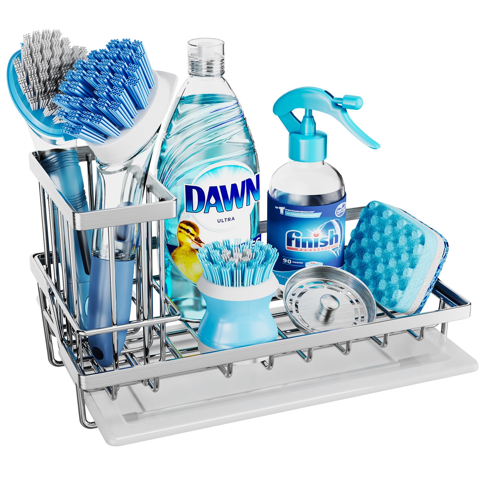 Consumest Sink Caddy, Kitchen Sponge Holder With Dish Brush Holder, Kitchen Sink Organizer With Drip Tray For Countertop Stainle