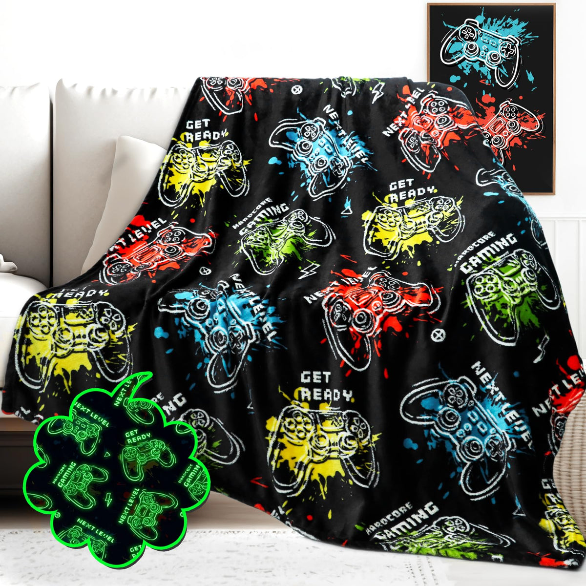Hwing Gaming Blanket Glow In The Dark Blanket Soft Fuzzy Gamer Throw Blanket Boys Room Decor Gamer Gifts For Men Teens Couch Sof
