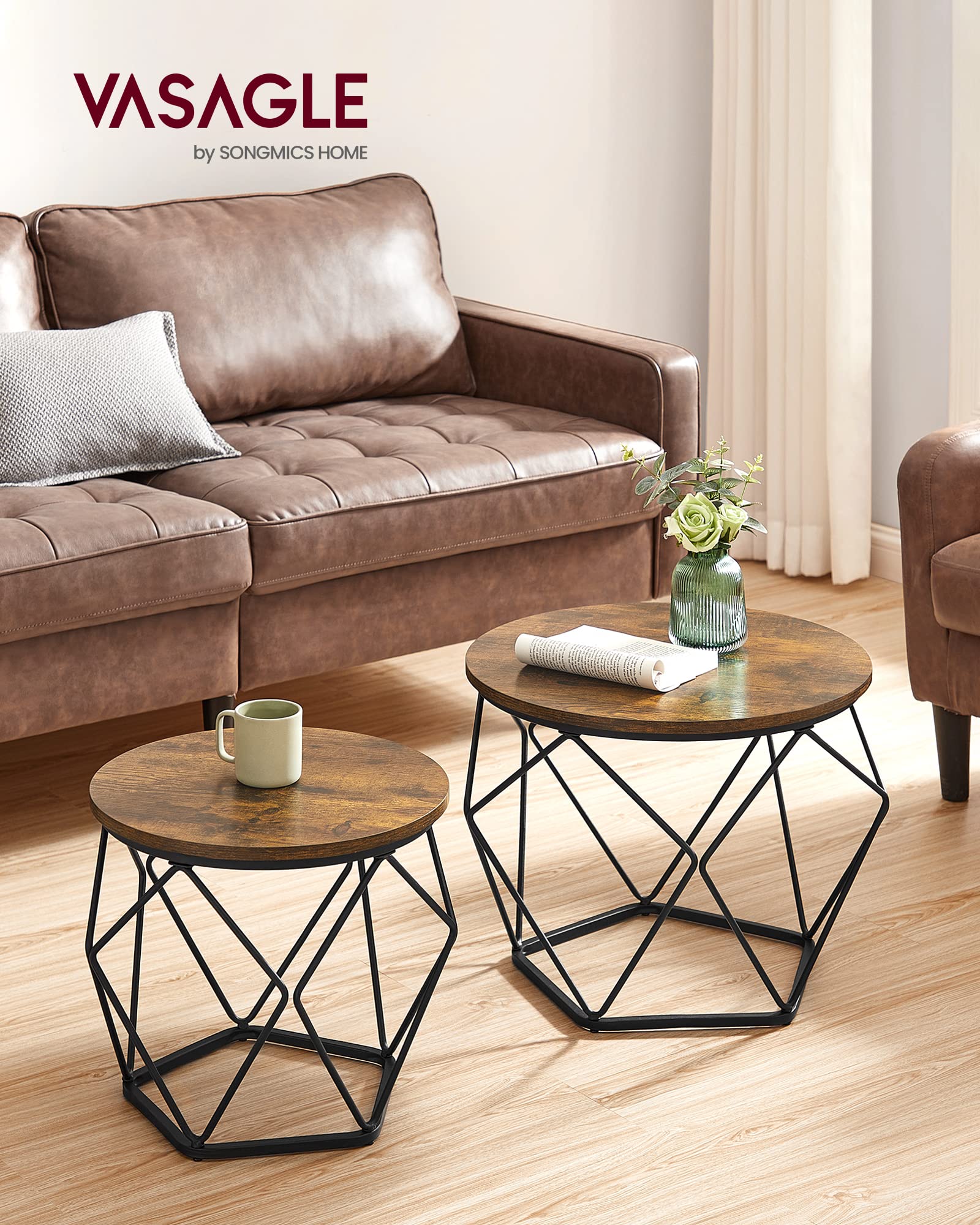 Vasagle Small Coffee Table Set Of 2, Round Coffee Table With Steel Frame, Side End Table For Living Room, Bedroom, Office, Rustic Brown And Ink Black
