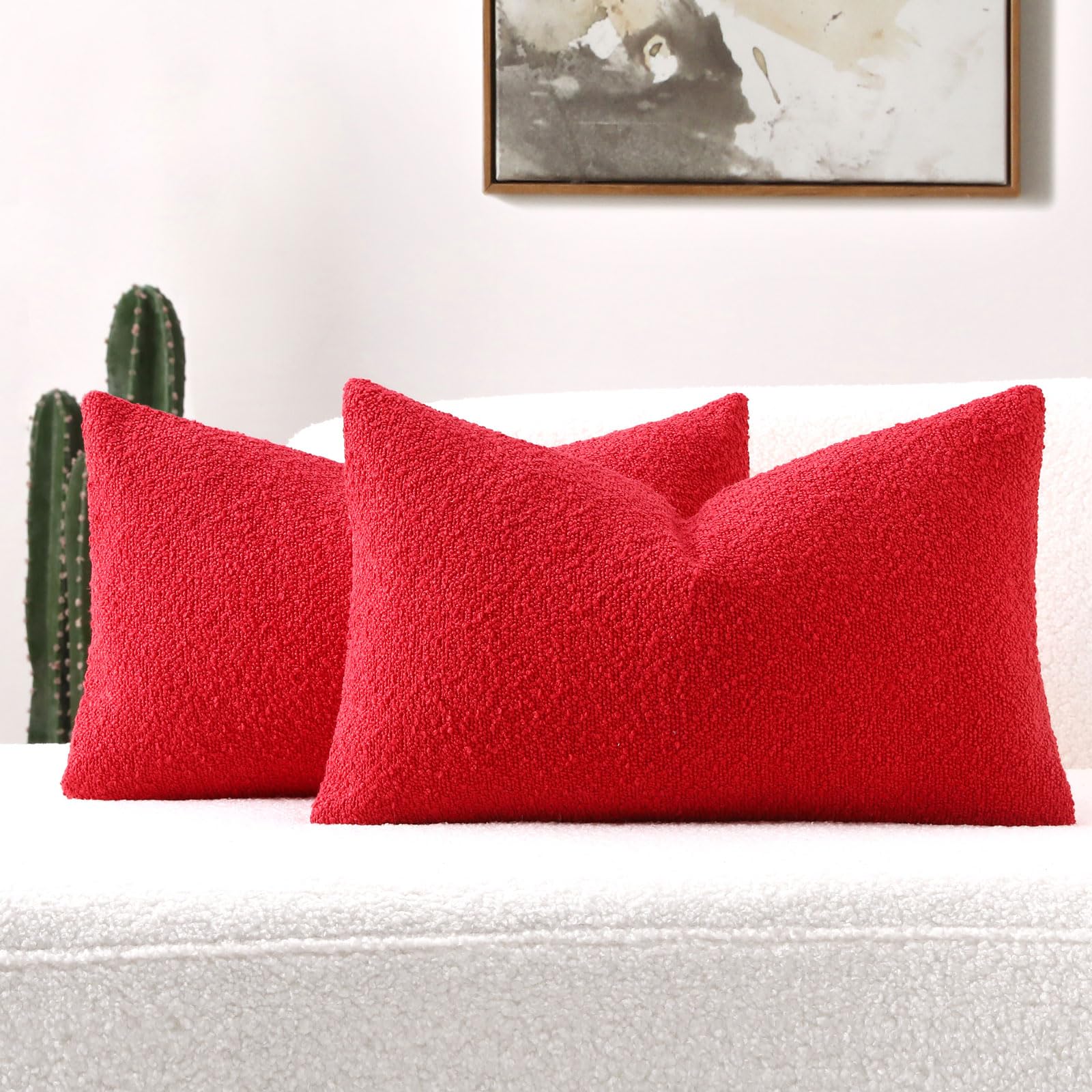 Futei Pack Of 2 Christmas Red Boucle Accent Decorative Throw Pillow Covers,12X20 Inch Soft Solid Textured Lumbar Pillow Cases,Ho