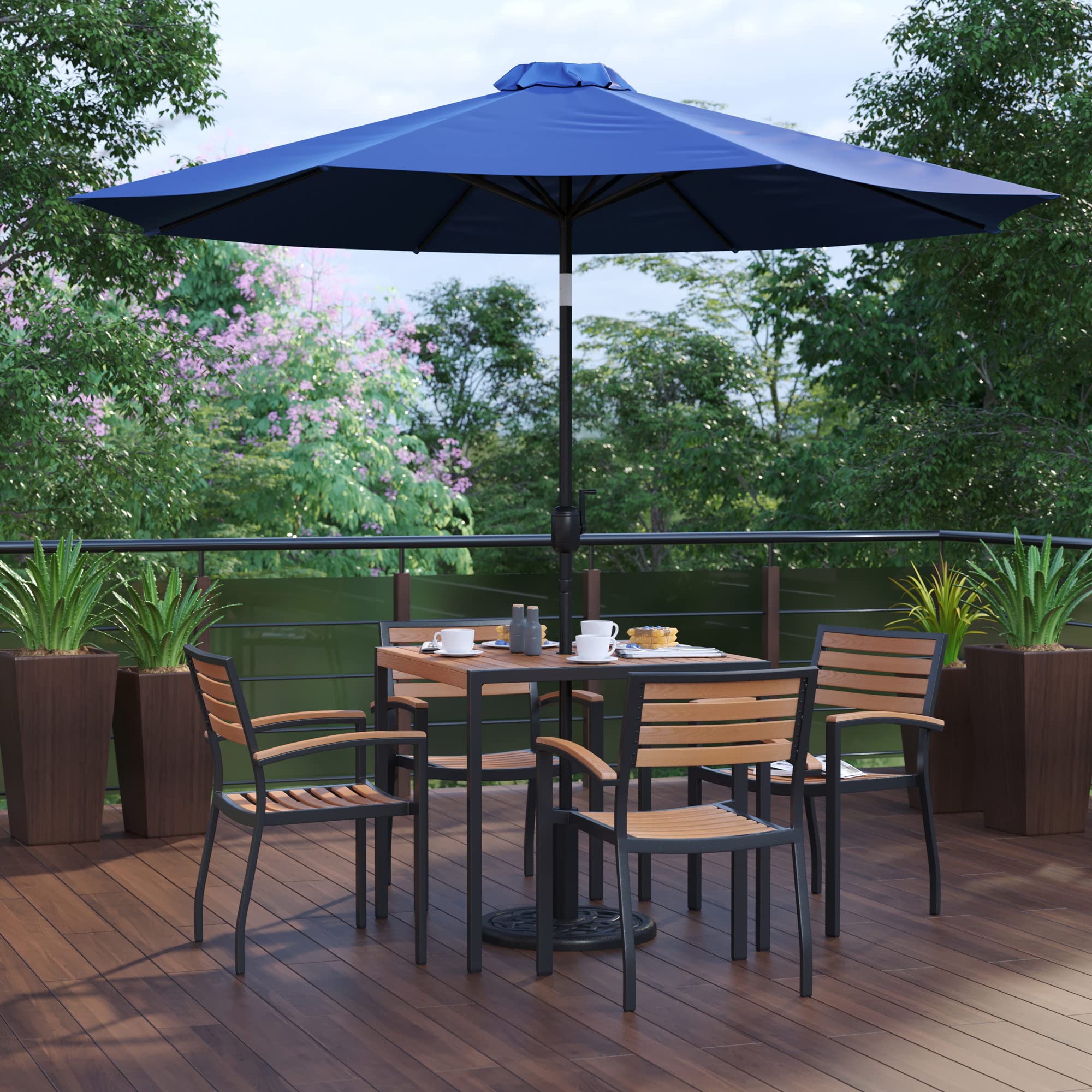 Flash Furniture Lark 7 Piece Outdoor Patio Dining Table Set - 4 Synthetic Teak Stackable Chairs with Arms - 35&quot; Square Table - Navy Umbrella with Base
