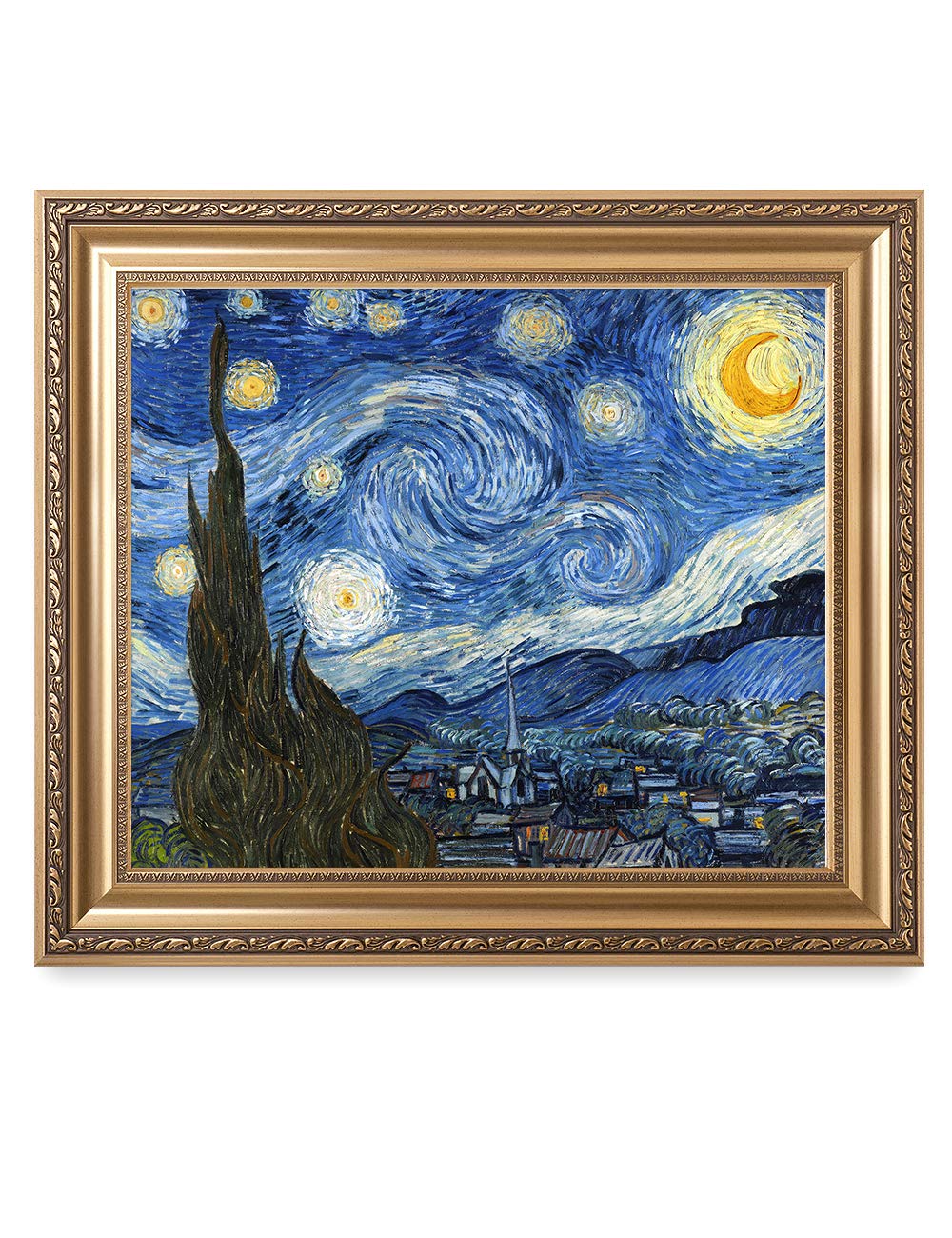 DECORARTS - Starry Night - Vincent Van Gogh. Giclee Print on Canvas with matching Golden-relief Framed Wall Art. Picture Size: 2