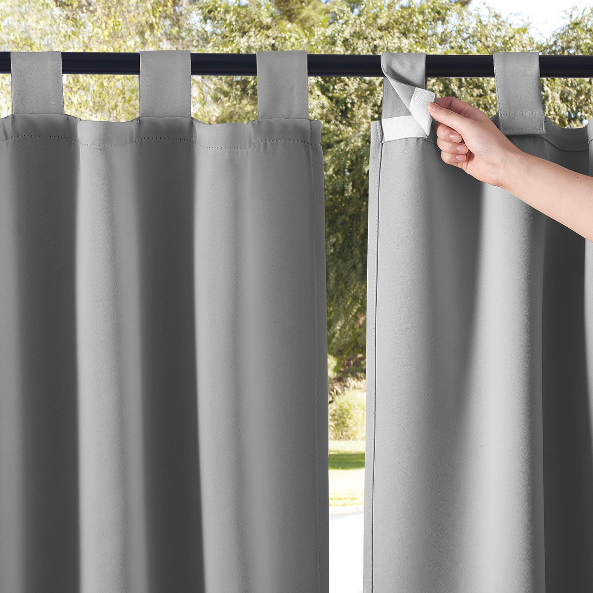 Nicetown 2 Panels Patio Curtainss Outdoor Waterproof 84 Long, Detachable Sticky Tab Top Heavy Weight Blackout Sunblock Window Tr
