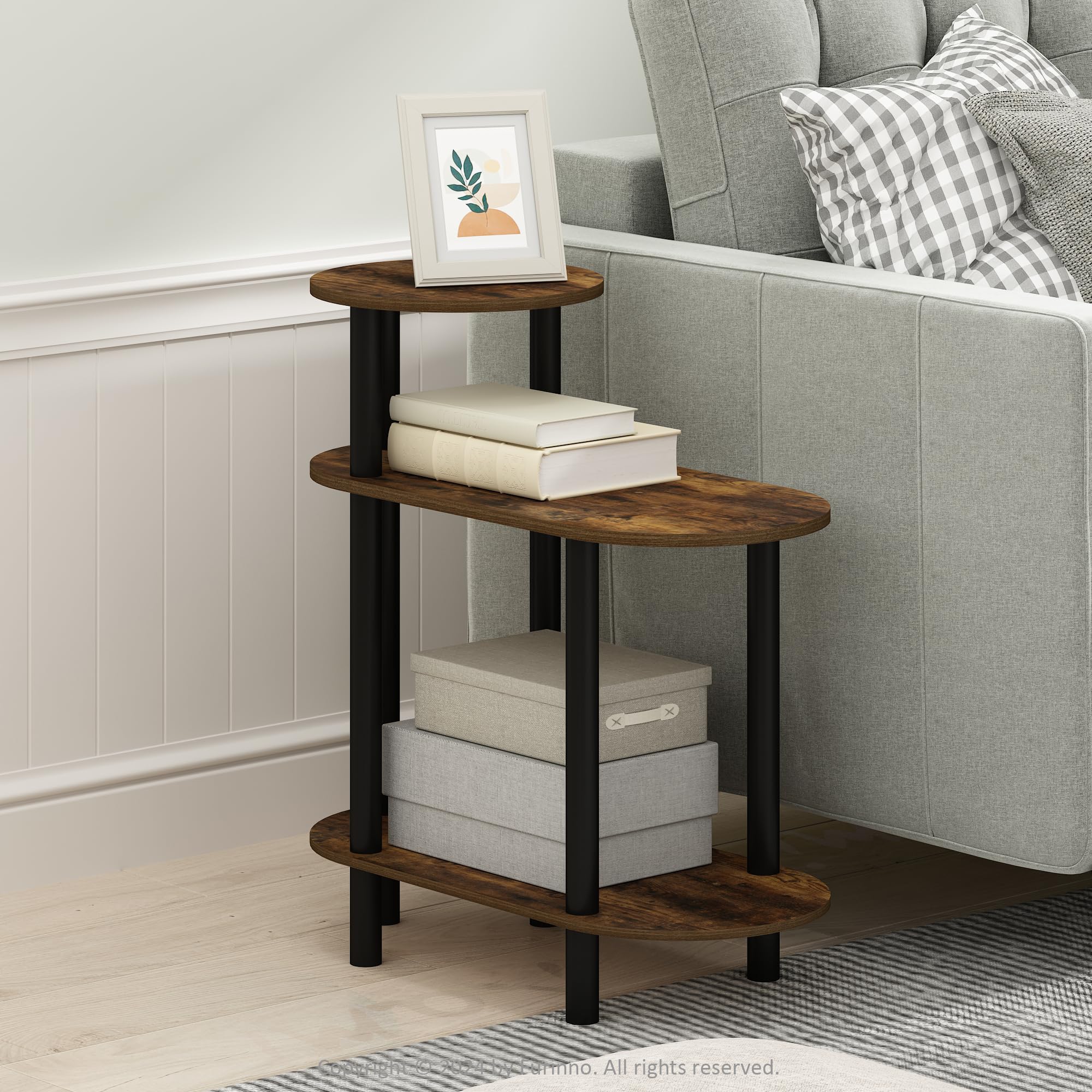 Furinno Turn-N-Tube 3-Tier Oval Sofa Side Table, End Table with Open Shelves, Amber Pine/Black