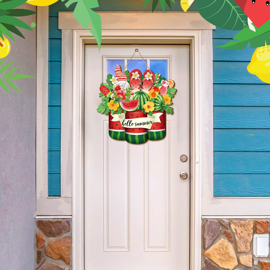 Geetery Hello Summer Watermelon Sign Wooden Watermelon Gnome Welcome Hanging Sign With Ropes Rustic Summer Front Door Hanger Orn