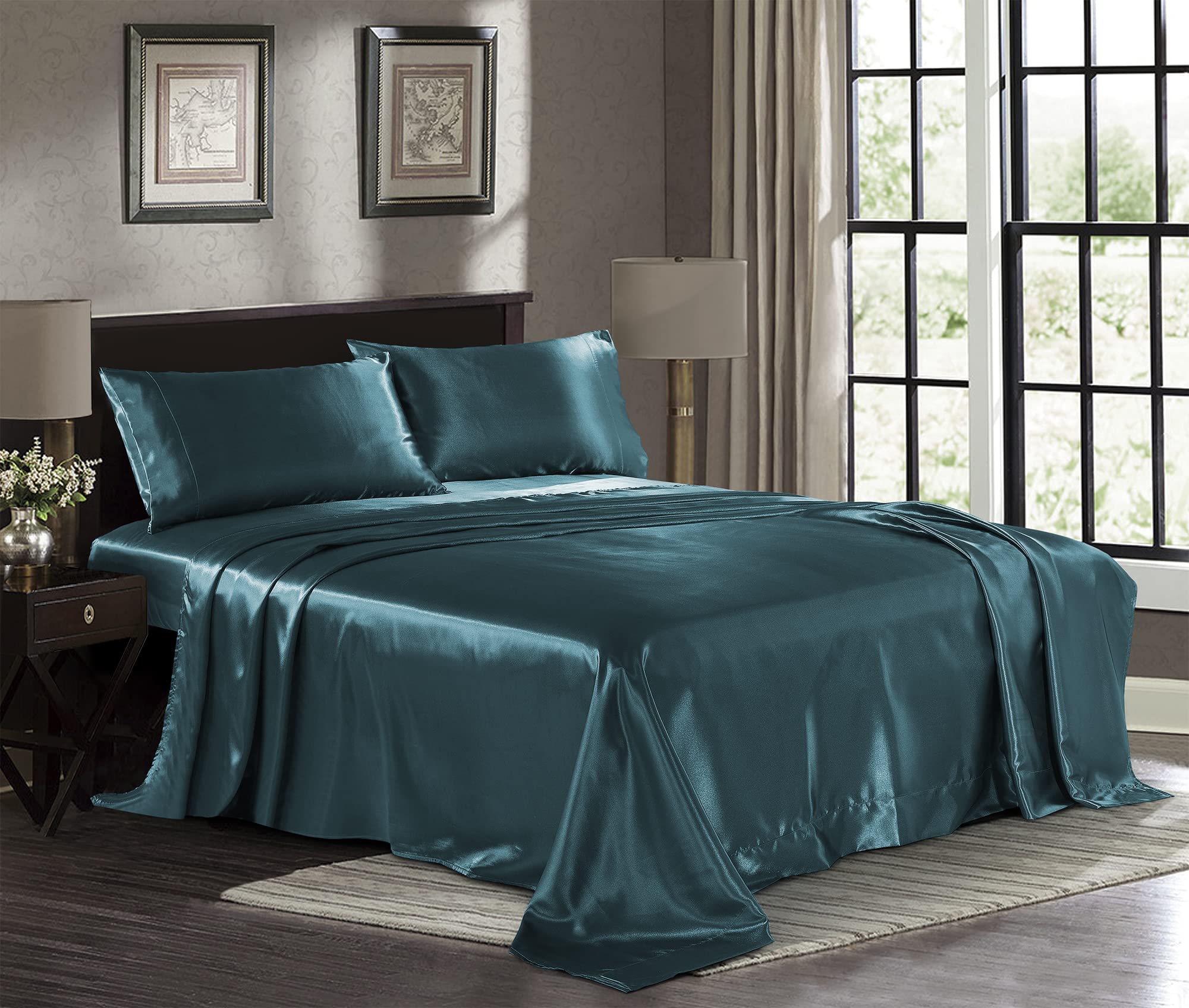 Satin Sheets Twin [3-Piece, Teal] Hotel Luxury Silky Bed Sheets - Extra Soft 1800 Microfiber Sheet Set, Wrinkle, Fade, Stain Res