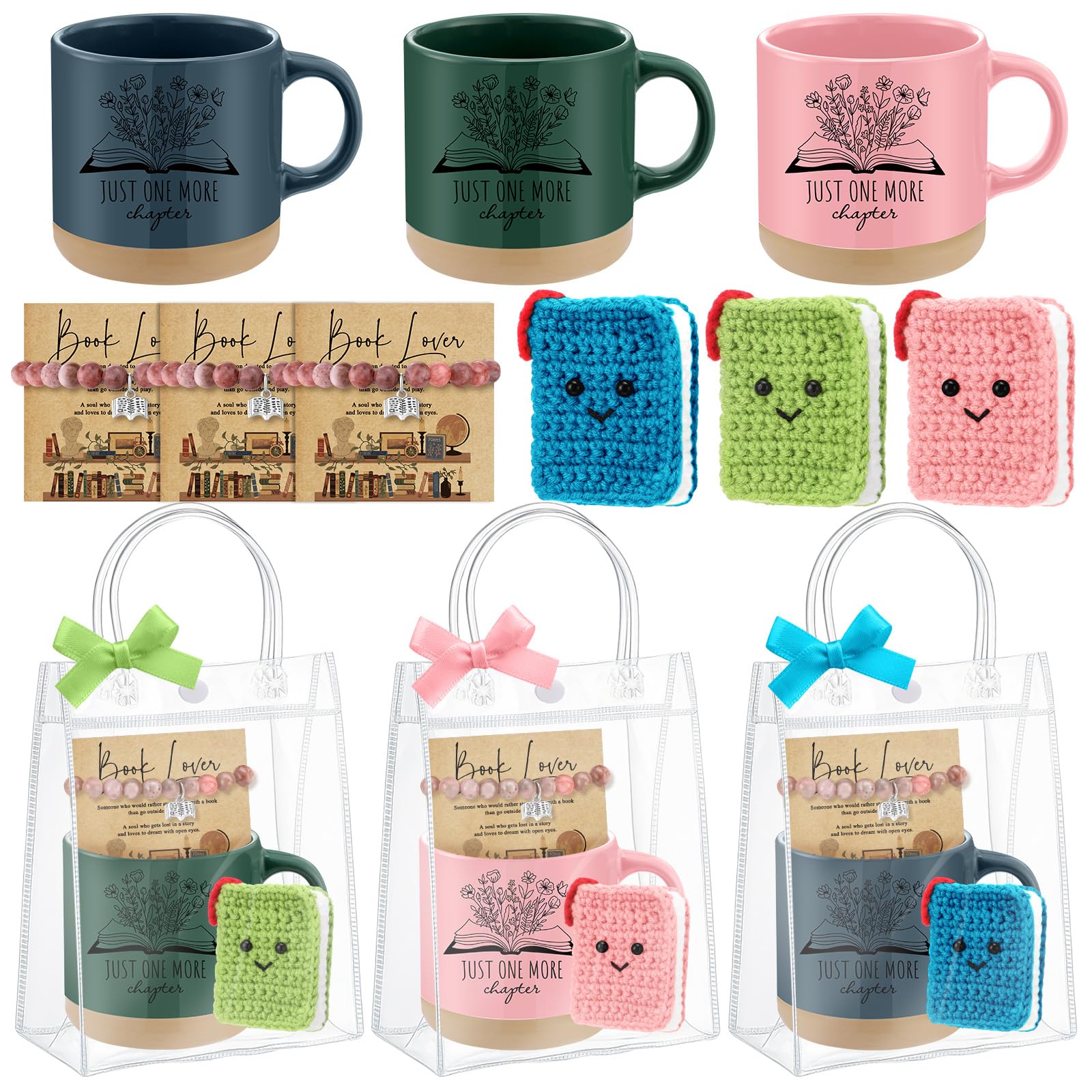 Roshtia 3 Sets Book Lover Gift for Women Galentines Bookworm Coffee Mug Mini Crochet Book Bracelet Card Bag Bookish Club Accesso