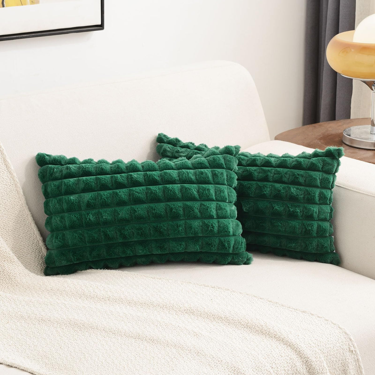 Futei Emerald Green Decorative Throw Pillow Covers 12X20 Inch Set Of 2, Rectangle Lumbar Pillowcase,Fluffy Faux Rabbit Fur Plaid