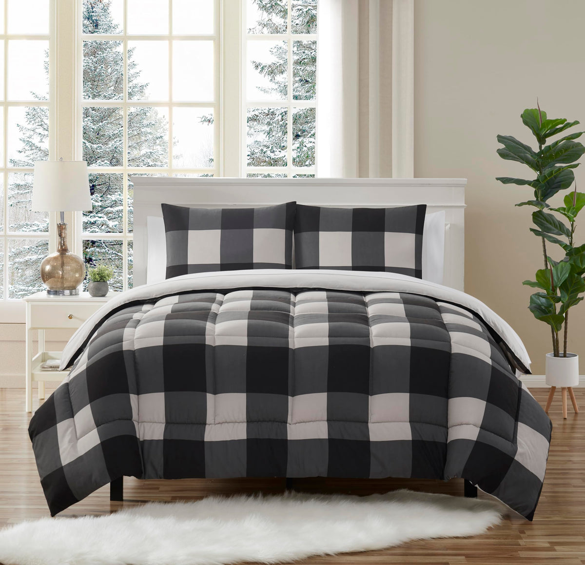7 Piece Comforter Set Bag Solid Color All Season Soft Down Alternative Blanket & Luxurious Microfiber Bed Sheets, Queen, Buffalo