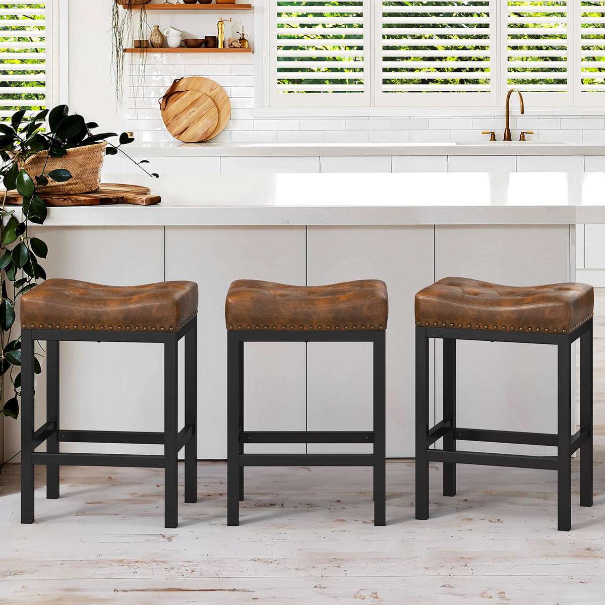 Lue Bona Counter Height Bar Stools, 24 Inch Saddle Backless Bar Stools Set Of 3 For Kitchen Counter, Faux Leather Counter Stools With Black Metal Legs, Modern Kitchen Island Stools, Yellowish Brown