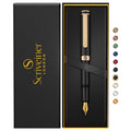 Scriveiner Luxury Edc Fountain Pen (Medium), Stunning Black Pocket Pen, 24K Gold Finish, Schmidt 18K Gilded Nib, Converter, Best