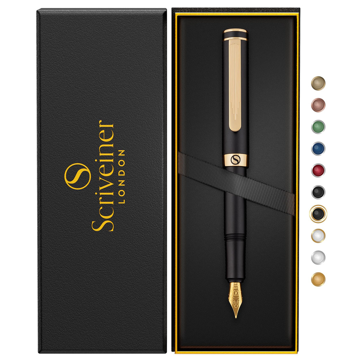 Scriveiner Luxury Edc Fountain Pen (Medium), Stunning Black Pocket Pen, 24K Gold Finish, Schmidt 18K Gilded Nib, Converter, Best