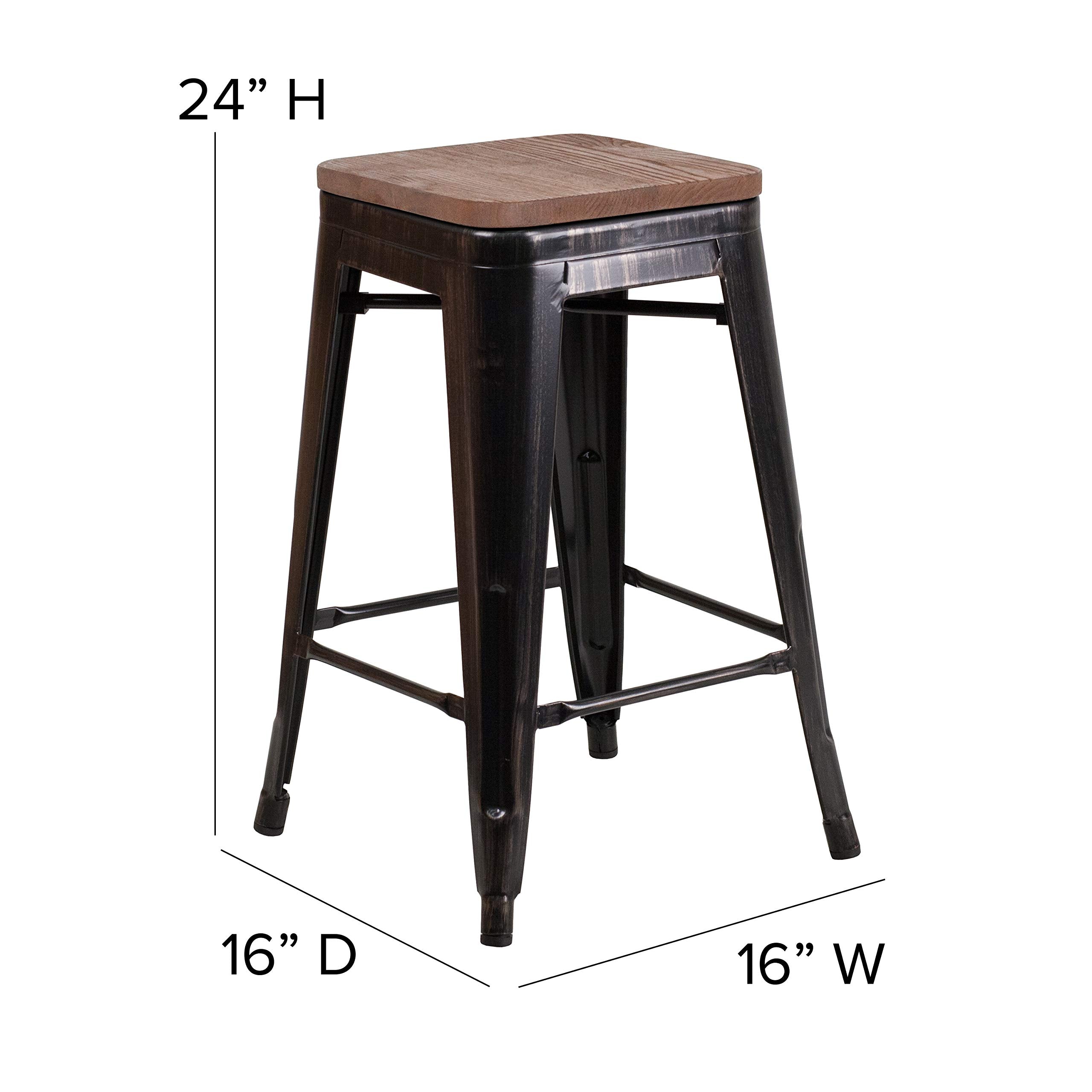 Flash Furniture Lily 24&quot; High Backless Black-Antique Gold Metal Counter Height Stool With Square Wood Seat (Pack Of 1)