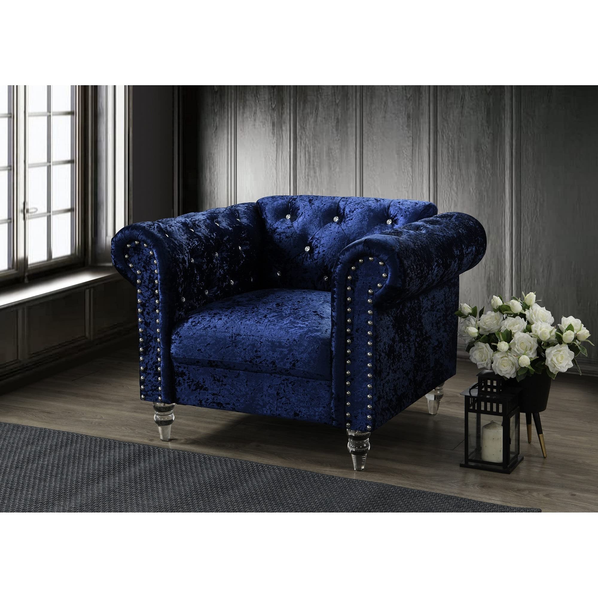 Global Furniture USA Dark Blue Velvet Tufted KD Chair