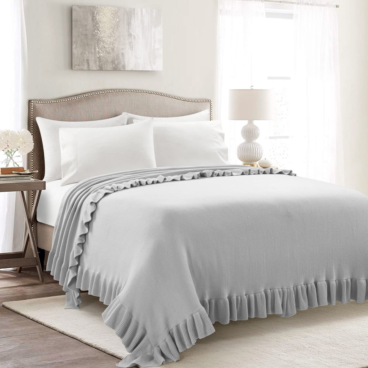 Lush Decor Reyna Soft Knitted Ruffle Throw Blanket, 104'' W X 88'' L, Light Gray - Ruffled Bedding - Knit Blanket - Cozy Oversiz