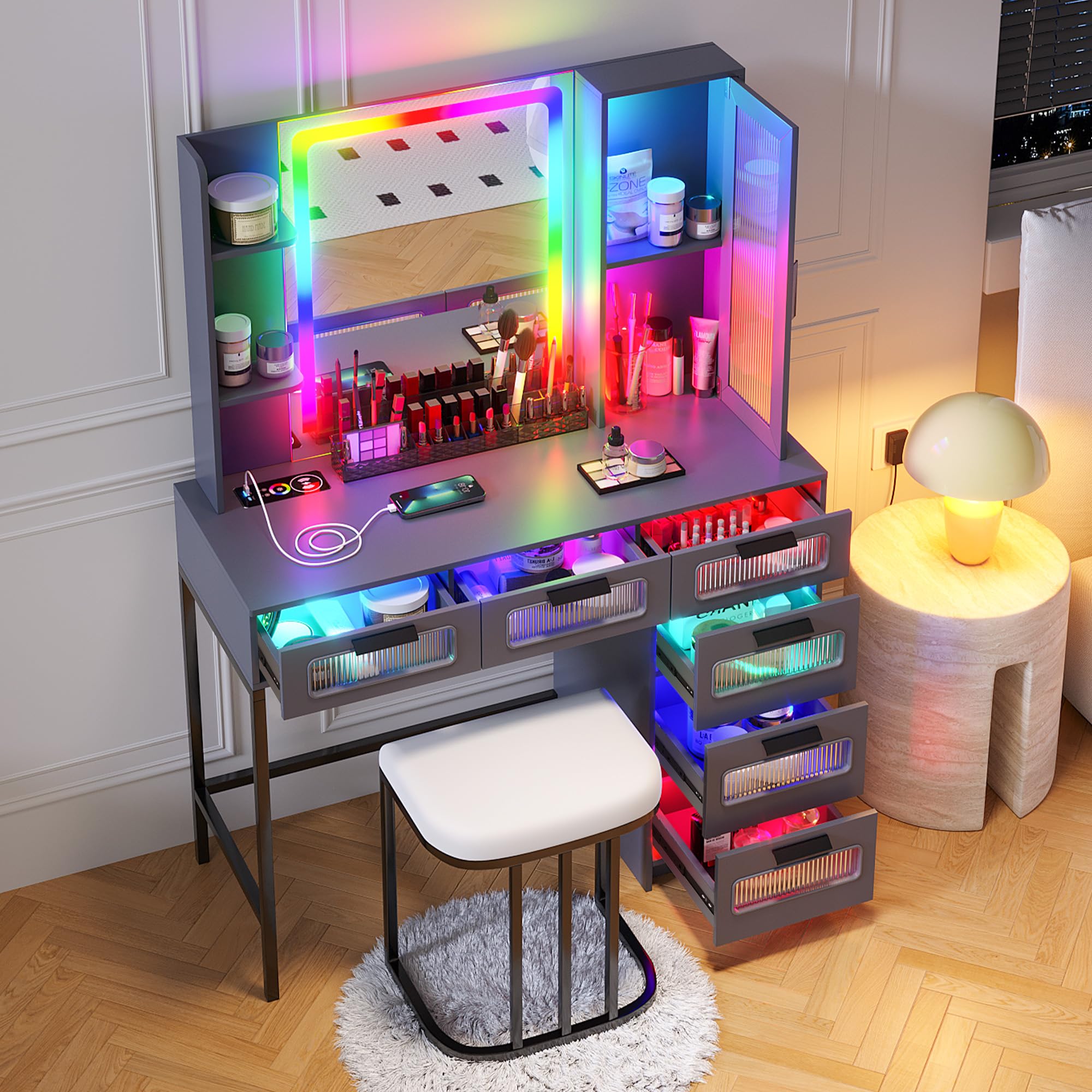 HNEBC Grey LED Vanity, Makeup Vanity with RGB Lights and 6 Drawers for Bedroom, Makeup Desk with USB/Wireless Charging, Dressing
