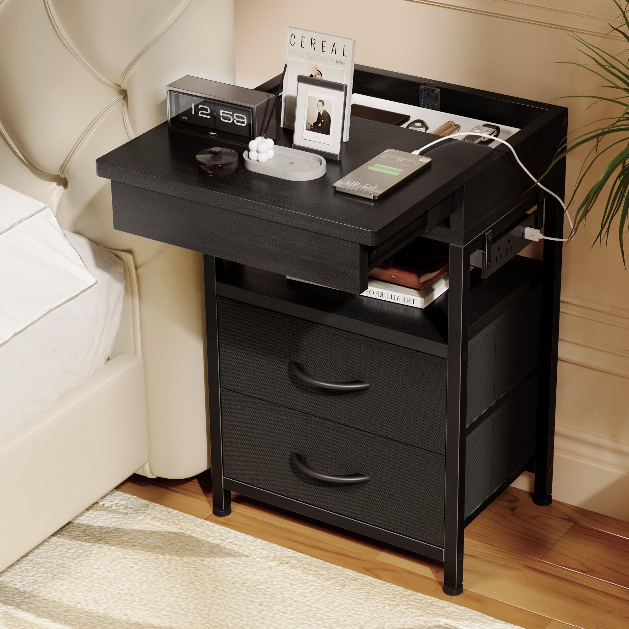 Nightstand Bedside Table Hidden Bedroom - Night Stand with Charging Station and Sliding Top Storage, Bed Side Table with 2 Fabri