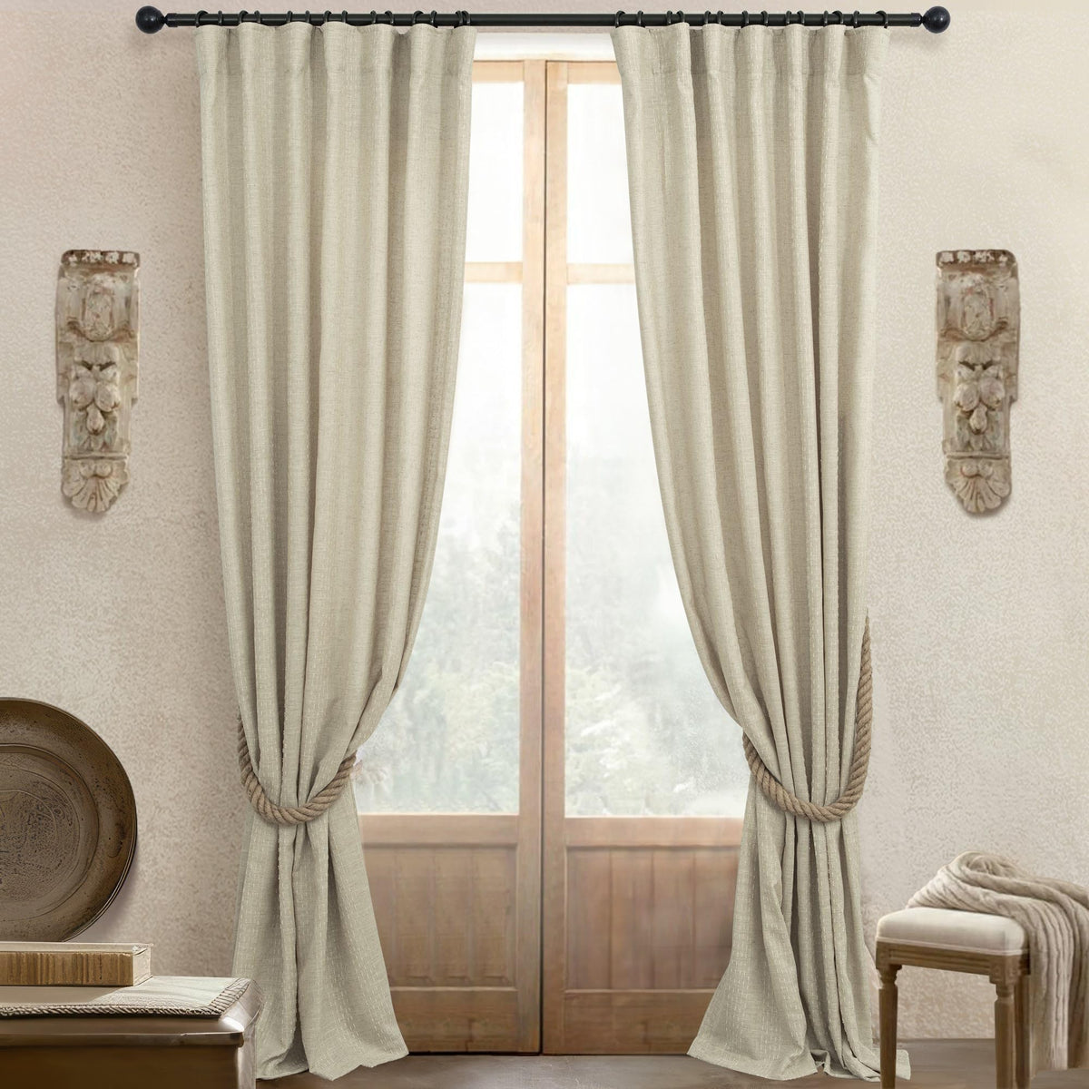 Flax Linen Patterned Curtains 84 Inch Length For Living Room 2 Panels Pinch Pleated Back Tab Pocket Boho Long Drapes Light Filte