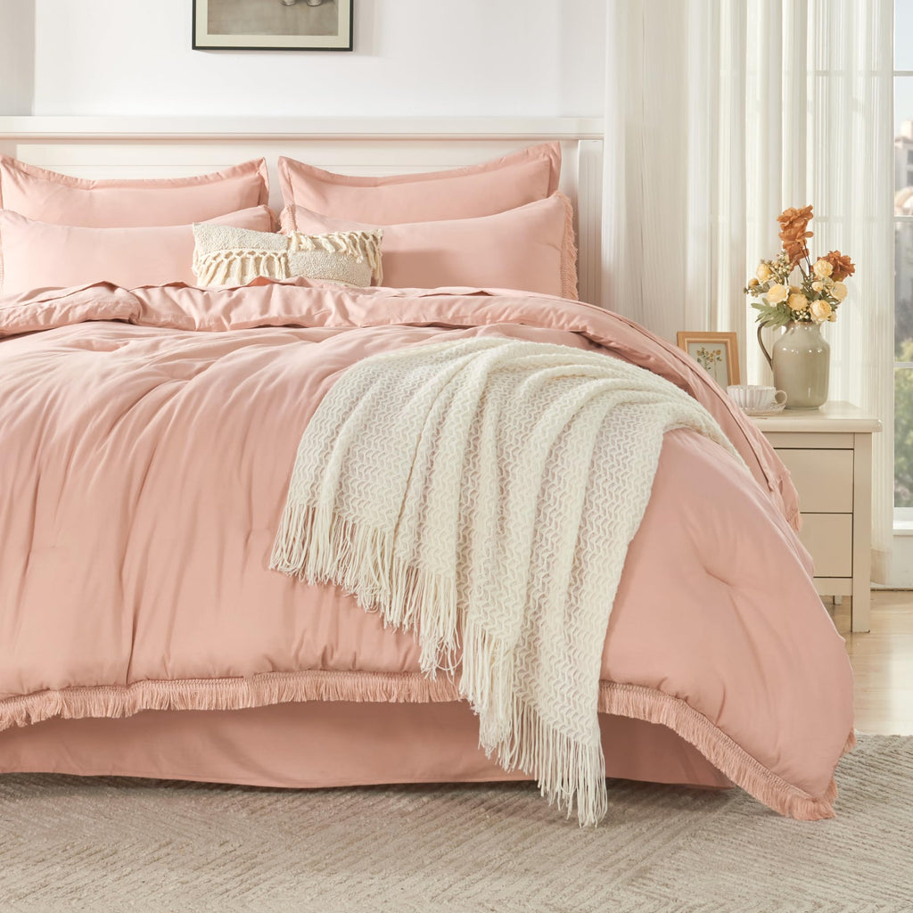 Andency Pink Queen Size Comforter Set With Sheets - 7 Pieces Boho Tassel Bed In A Bag Soft Lightweight Bedding Sets, Pink Fringe Bed Set With Comforter, Sheets, Pillowcases & Shams
