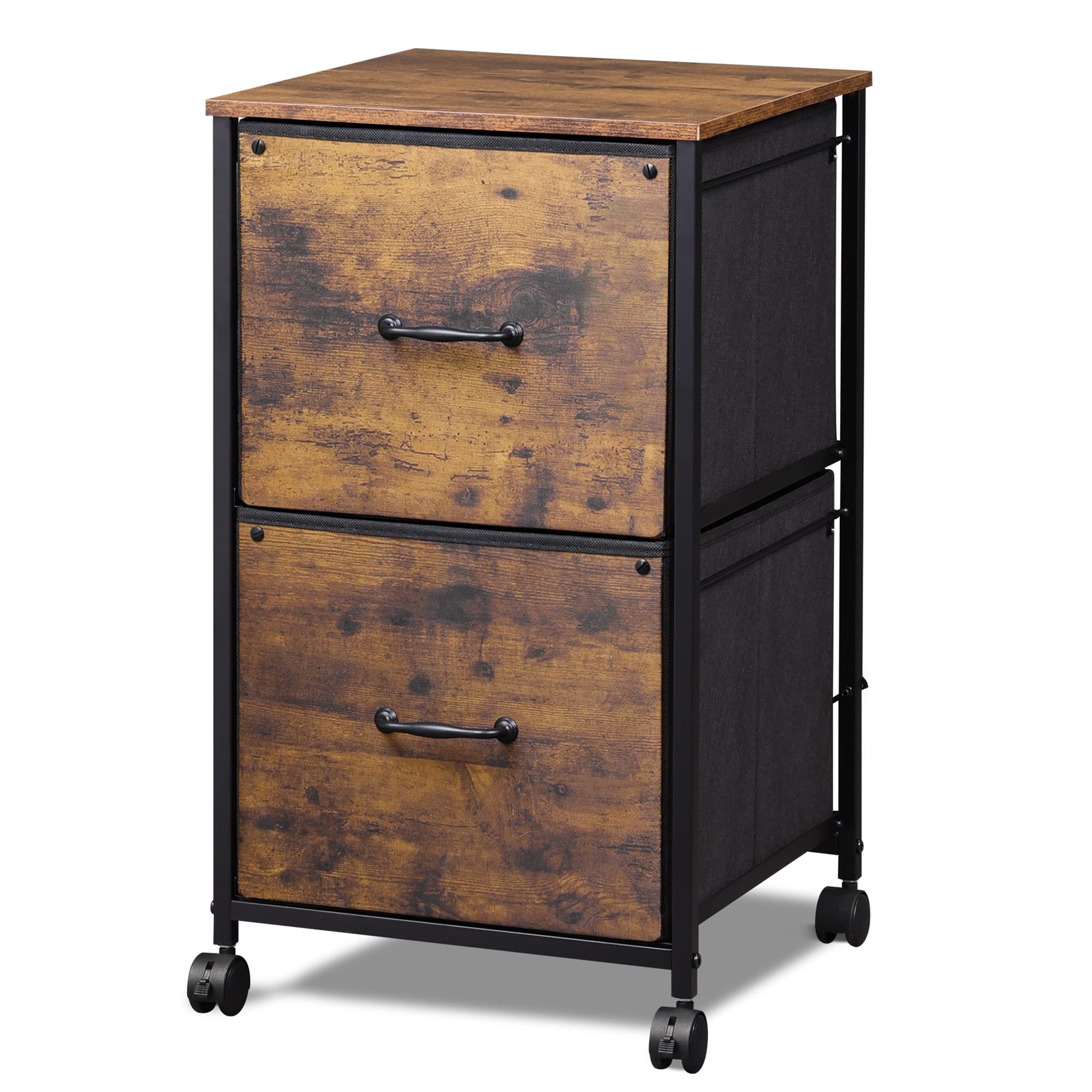 Devaise 2 Drawer Mobile File Cabinet, Rolling Printer Stand, Fabric Vertical Filing Cabinet Fits A4 Or Letter Size For Home Office, Rustic Brown Wood Grain Print