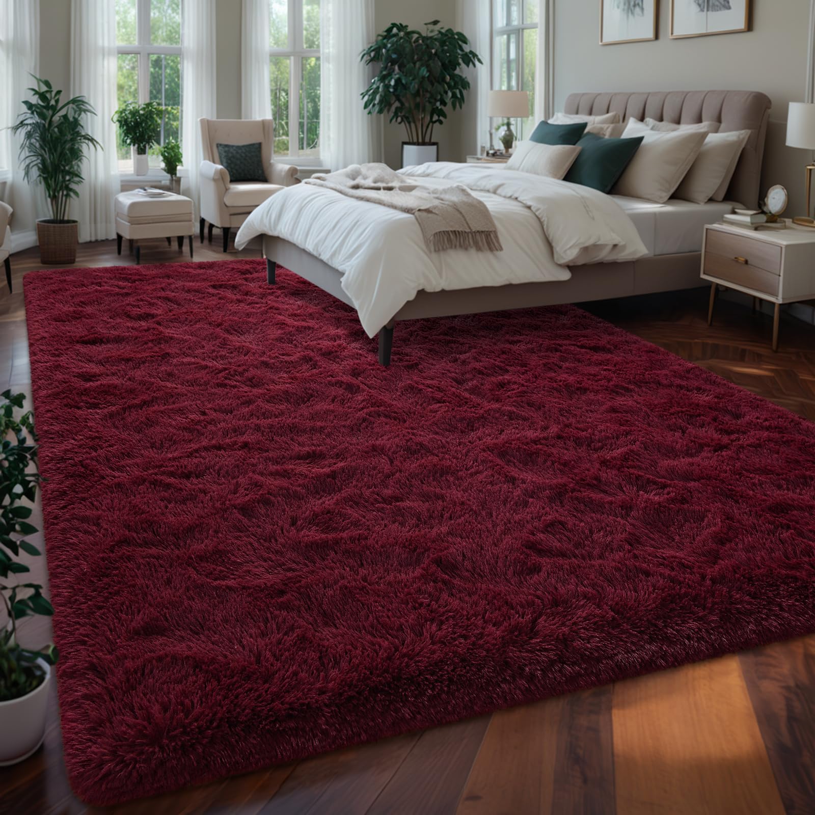 Larhom Burgundy Fluffy Area Rugs For Living Room Bedroom,8X10 Feet Ultra Soft Indoor Modern Plush Fuzzy Rug, Thickened Carpet Fo