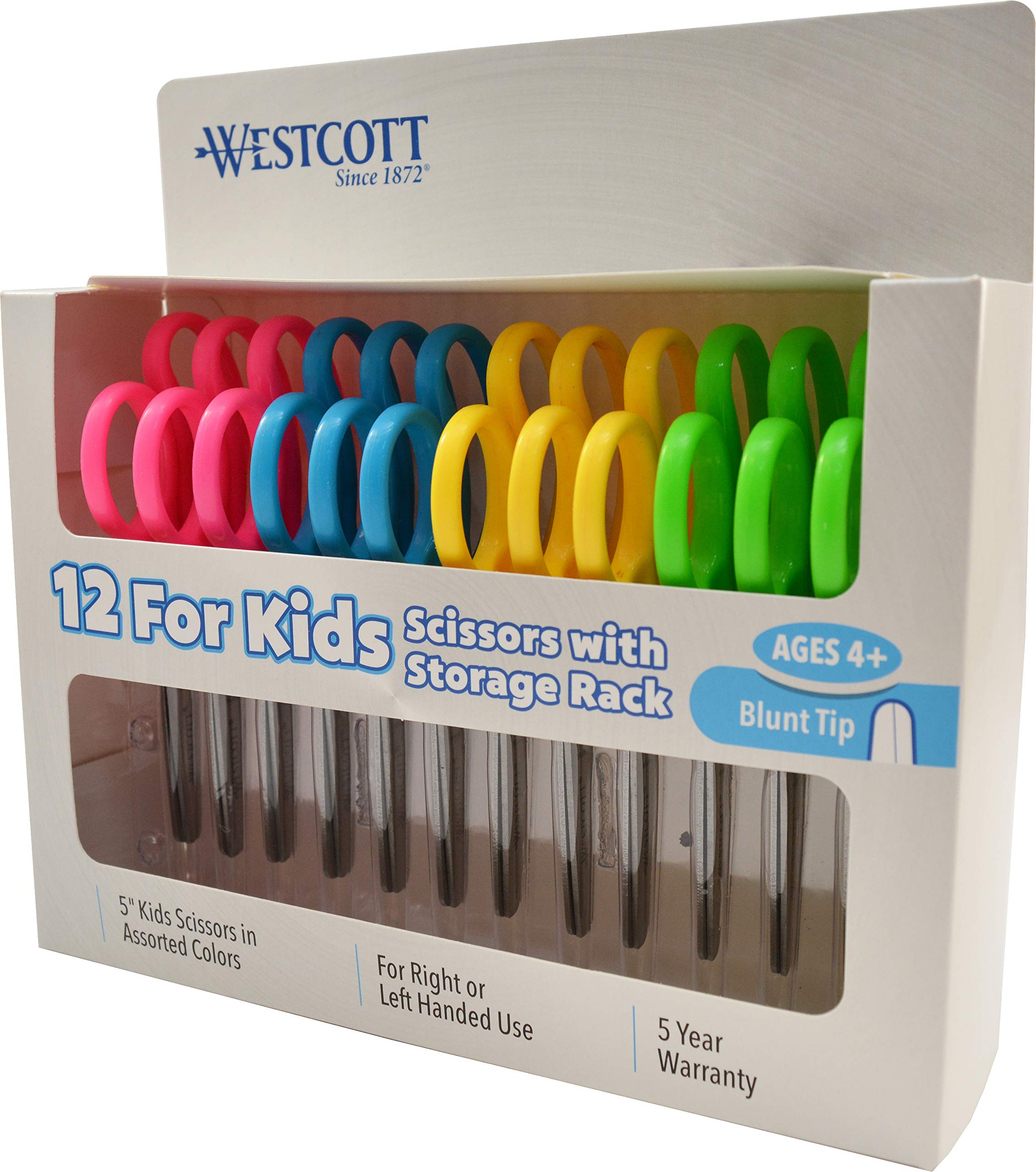 Westcott 13140 Right- And Left-Handed Scissors, Kids' Scissors, Ages 4-8, 5-Inch Blunt Tip, Assorted, 12 Pack