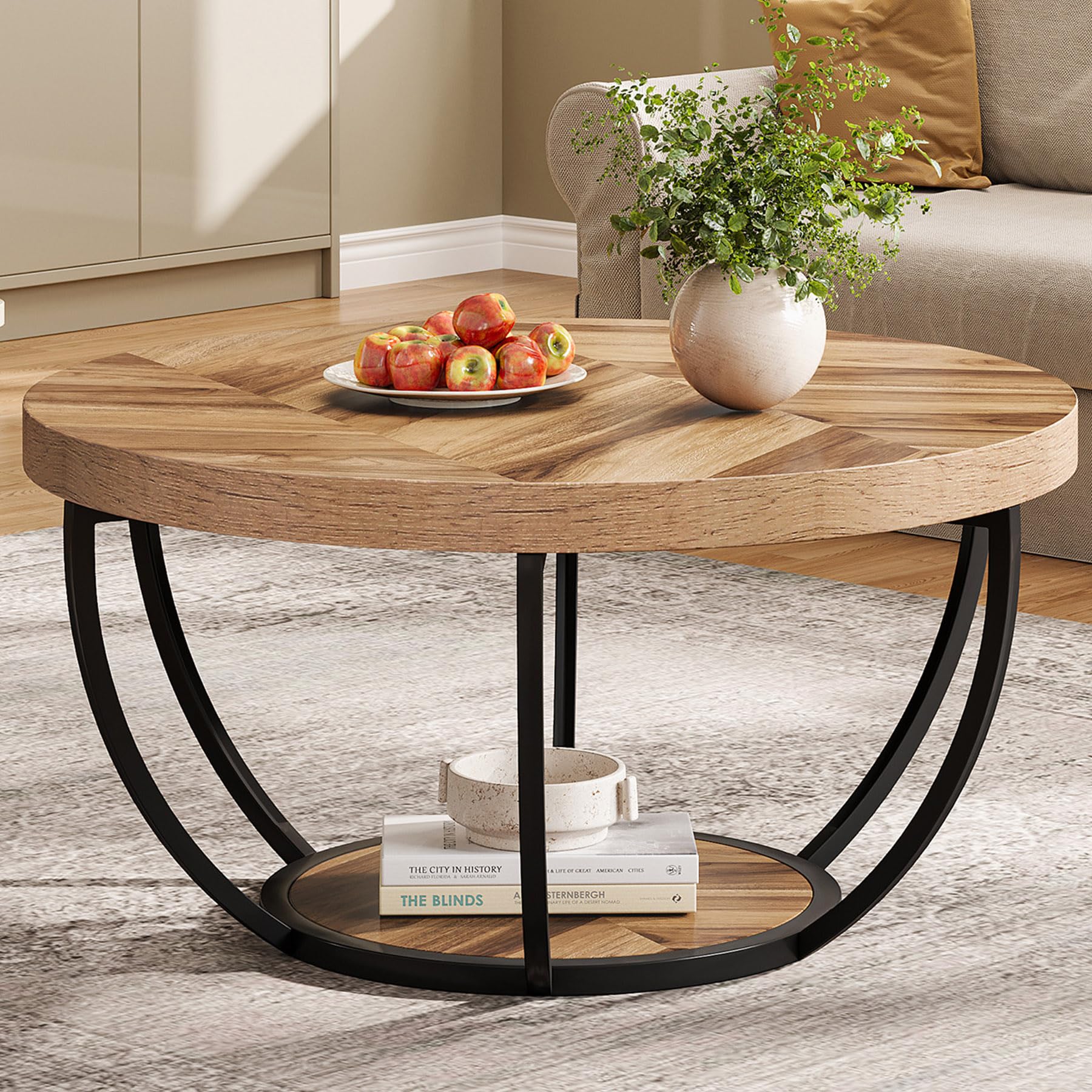 Tribesigns 31.7' Round Industrial Coffee Table With 2-Tier Storage Shelves, Modern Wood & Black Metal Accent Center Table For Living Room, Home Office – Easy Assembly