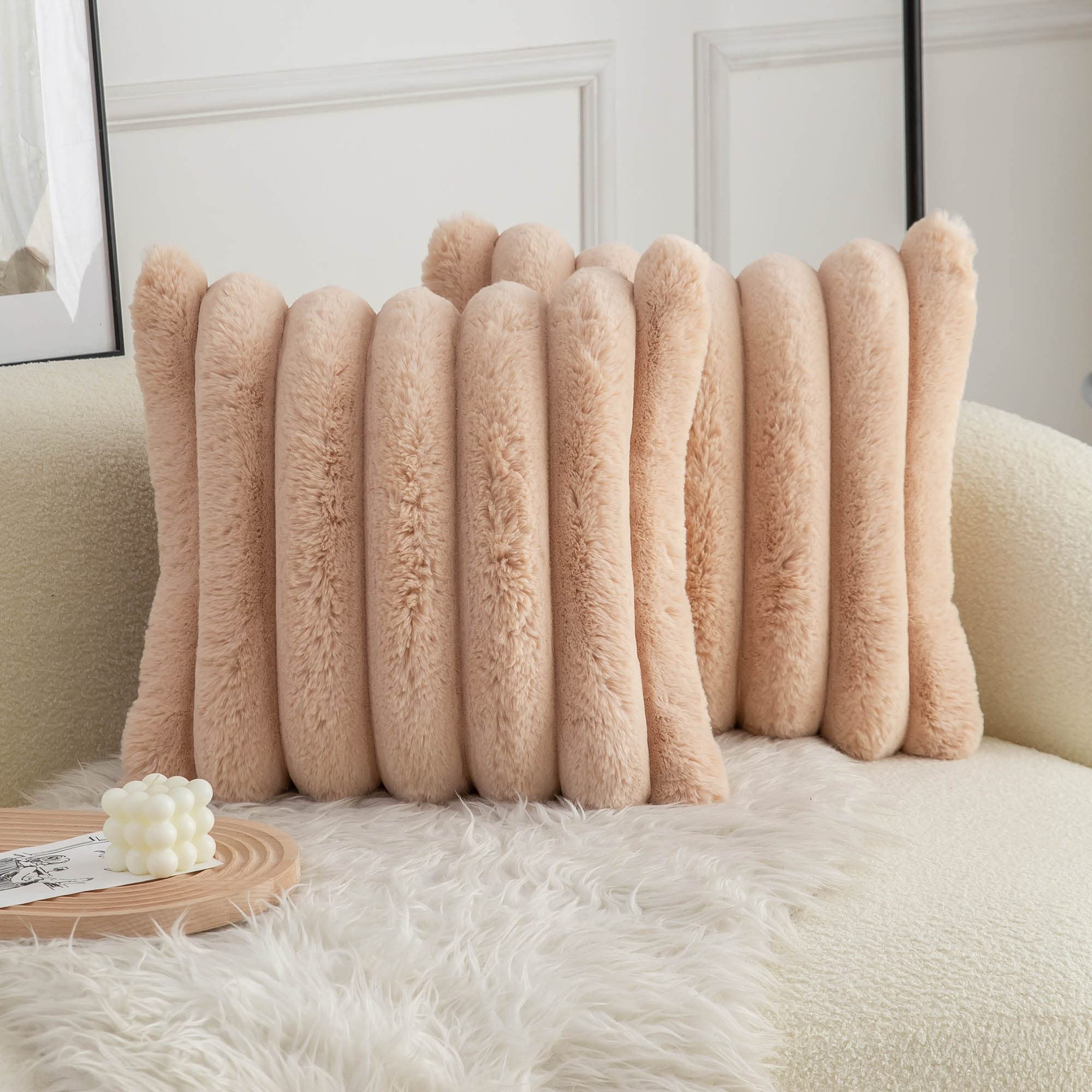 Neelvin Camel Faux Fur Cozy Soft Striped Decorative Throw Pillow Covers 20X20 Inch Set Of 2,Velvet Pillowcase Cushion Case For S