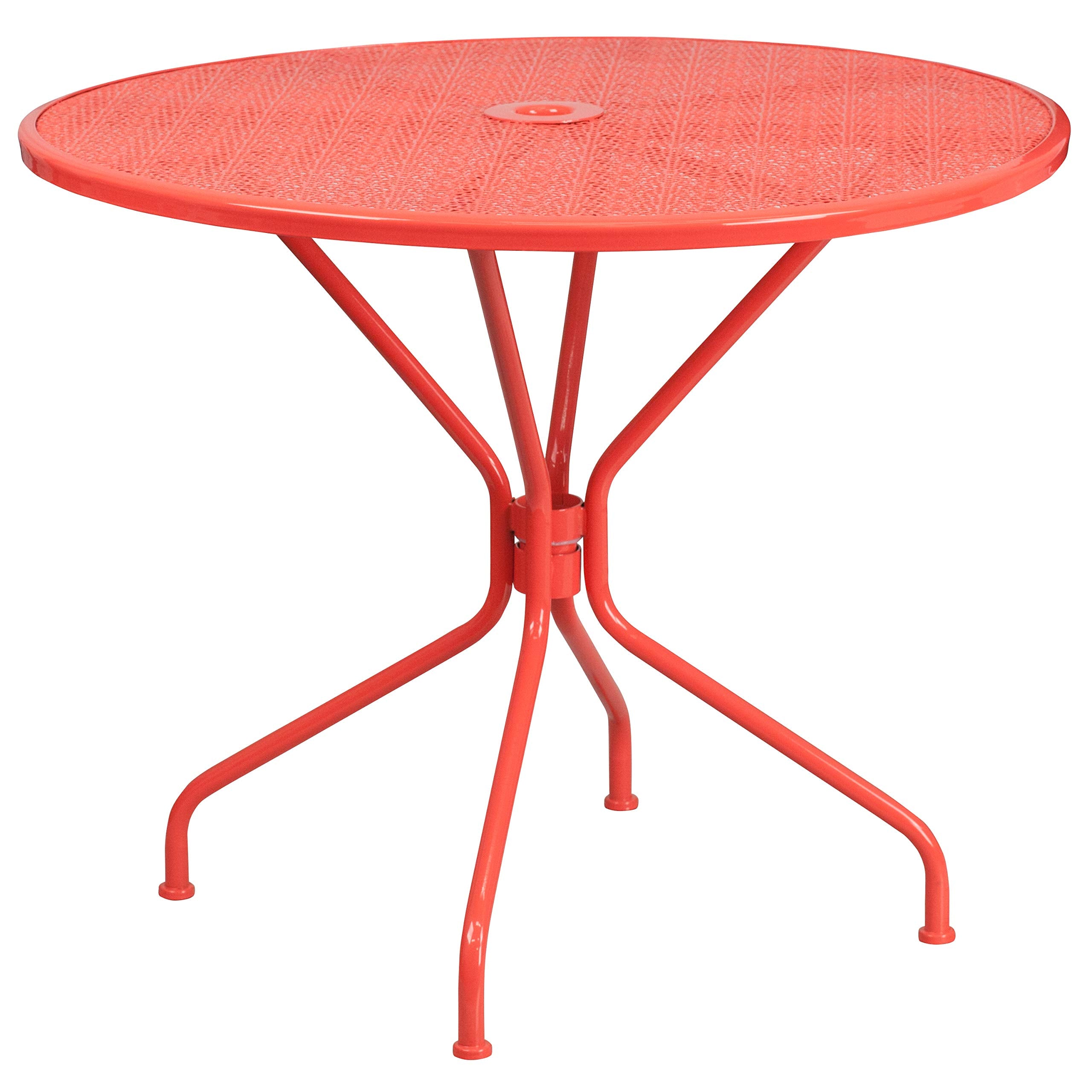Flash Furniture Commercial Grade 35.25' Round Coral Indoor-Outdoor Steel Patio Table Set With 2 Round Back Chairs