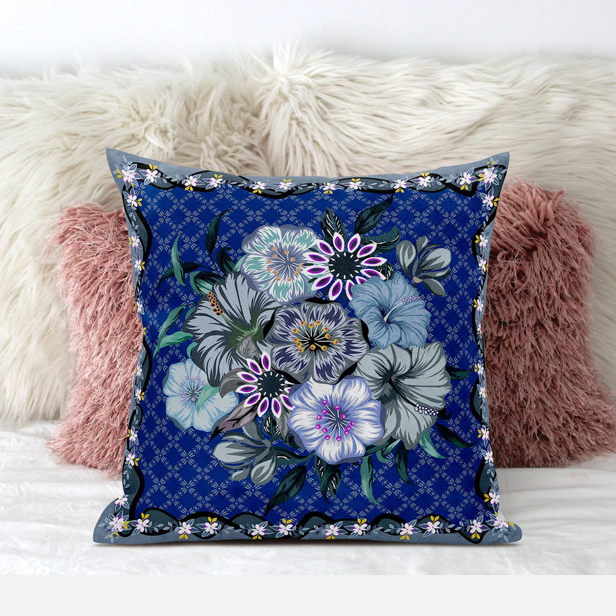 HomeRoots 28x28 Blue Gray Blown Seam Broadcloth Floral Throw Pillow