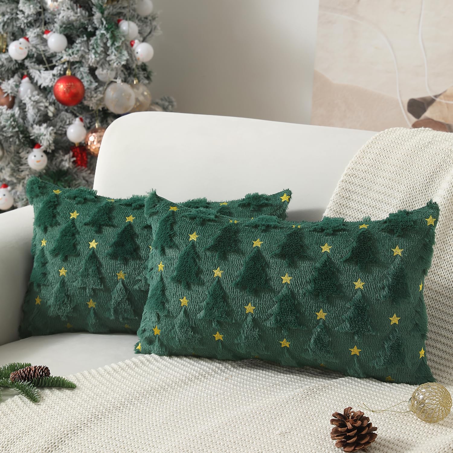 Allorry Christmas Pillow Covers 12 X 20 Inch Set Of 2 Dark Green Christmas Tree Pillow Covers Decorations Plush Faux Fur Soft Cu