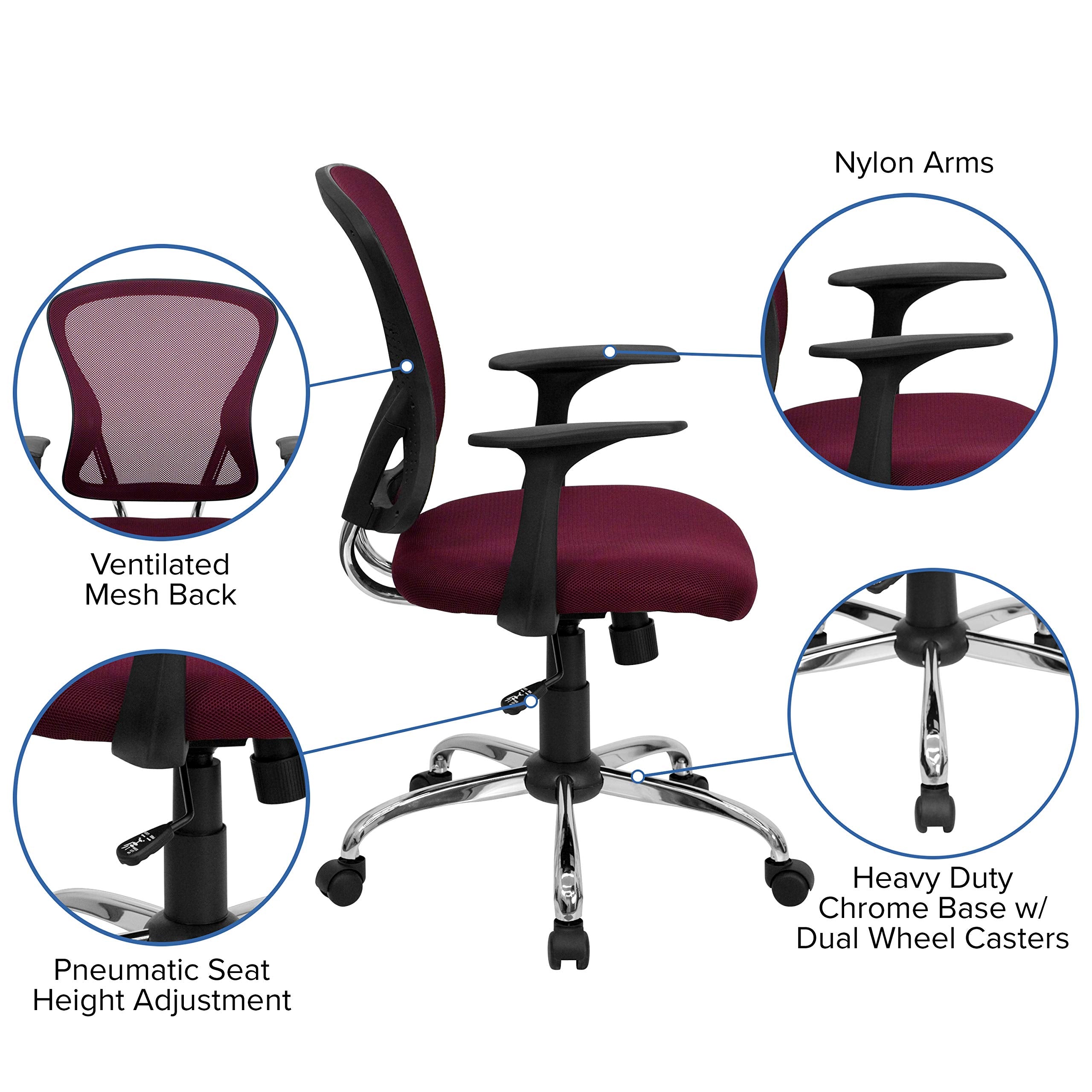 Flash Furniture Alfred Mid-Back Burgundy Mesh Swivel Task Office Chair with Chrome Base and Arms