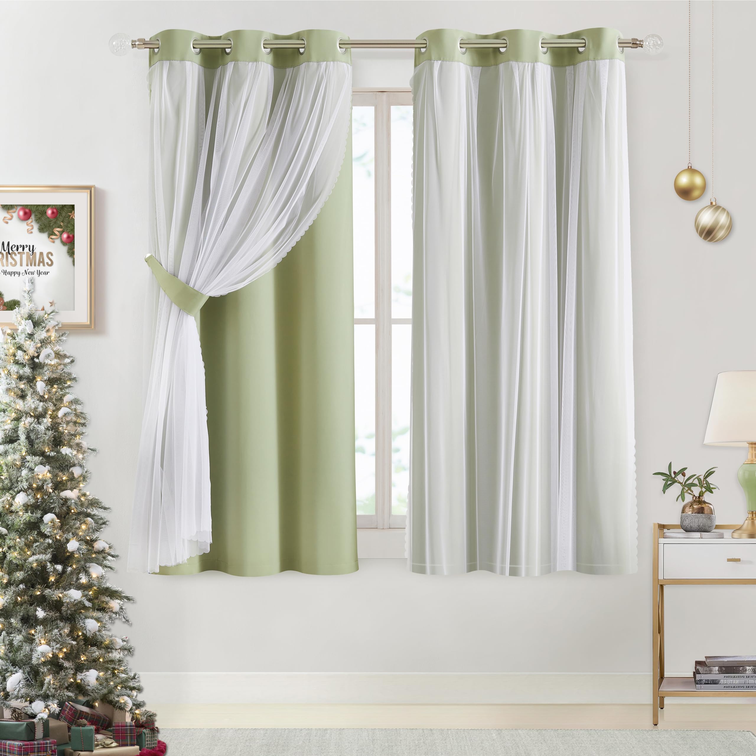 Bujasso Sage Green 90% Blackout Curtains With Sheer Overlay Mix And Match Double Layer Thermal Insulated Window Panels 63 Inch L