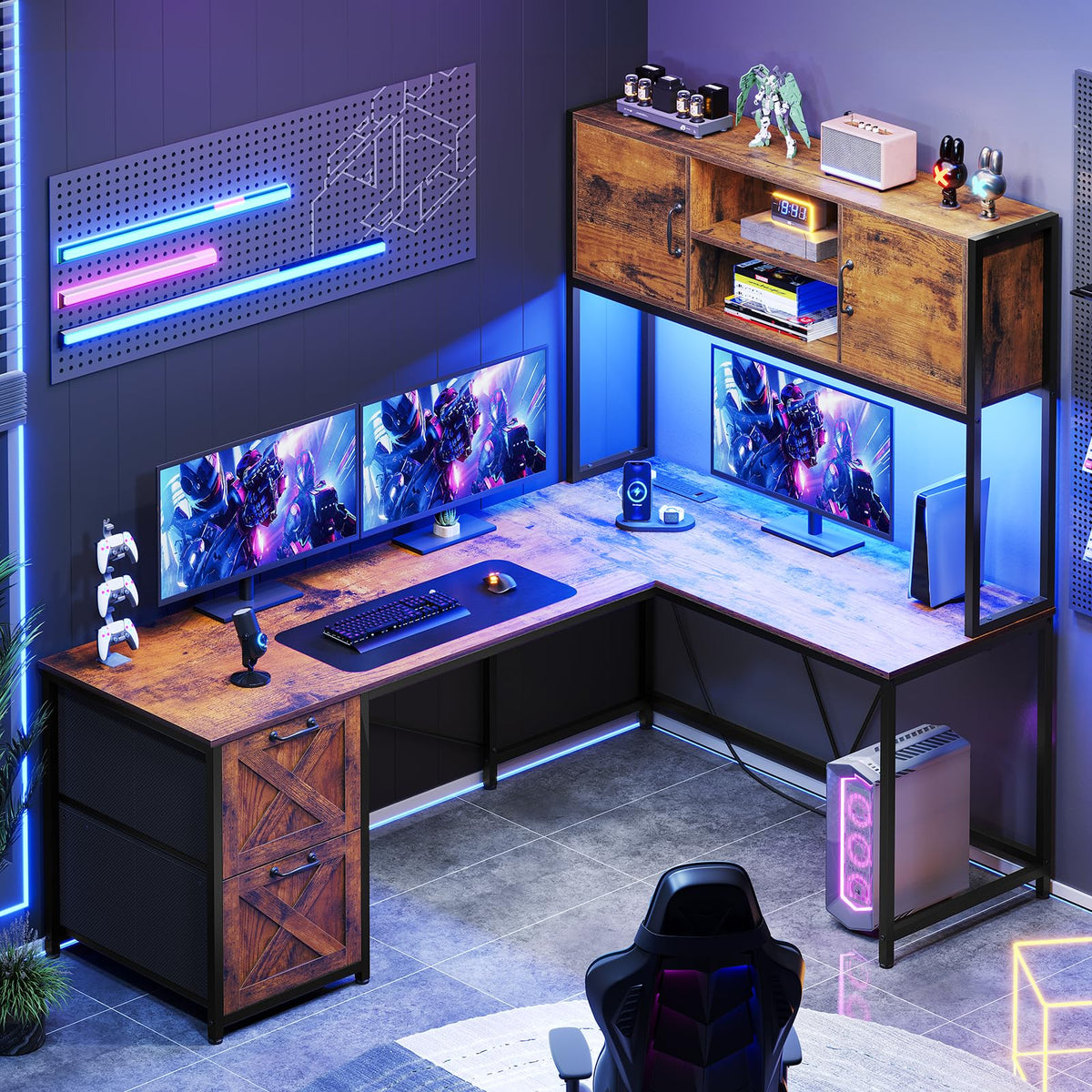 SEDETA L Shaped Desk with Drawers, 62.2'' Home Office Desk with Fabric File Drawers and Power Outlet, L Shaped Desk with Hutch, 