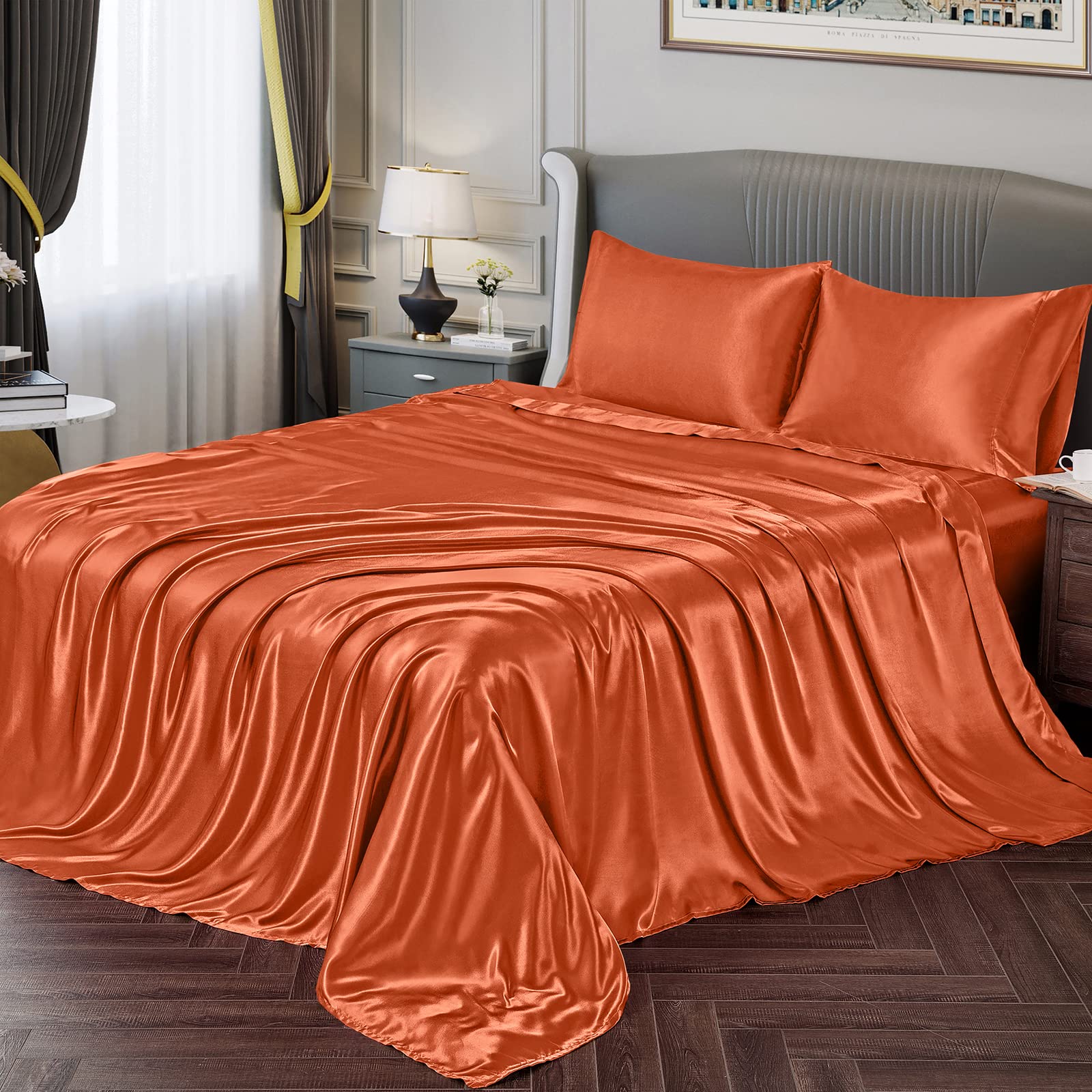 Vonty Satin Sheets Twin Silky Soft Satin Bed Sheets Burnt Orange Satin Sheet Set, 1 Deep Pocket Fitted Sheet + 1 Flat Sheet + 1