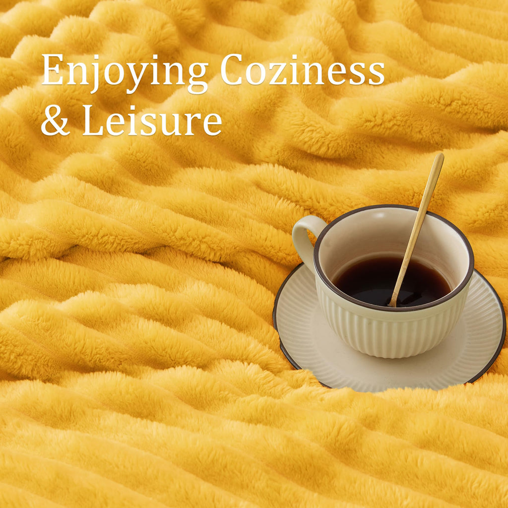 Bedelite Fleece Throw Blanket For Couch - 300Gsm Soft & Warm Fluffy Yellow Blanket, Decorative And Giftable Striped Blankets For