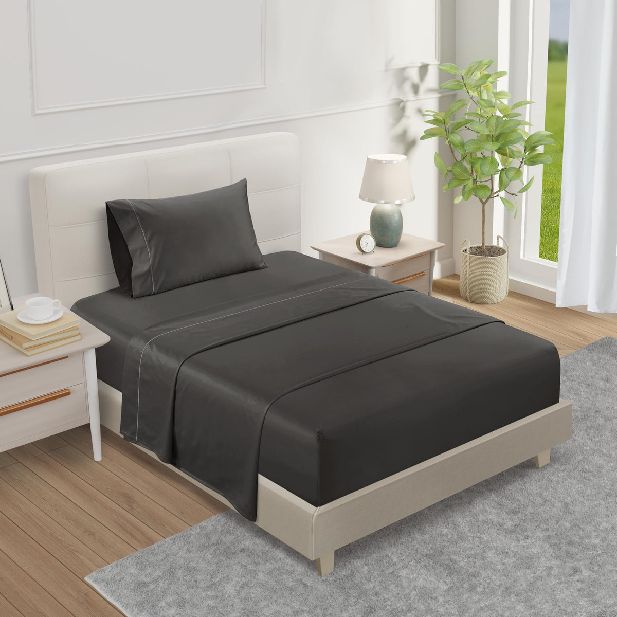 Twin Sheets 1000Thread Count Grey Sheets, 100% Cotton Sheets For Twin Size Bed Deep Pockets( Upto 17'), 3-Piece Sateen Weave Lu