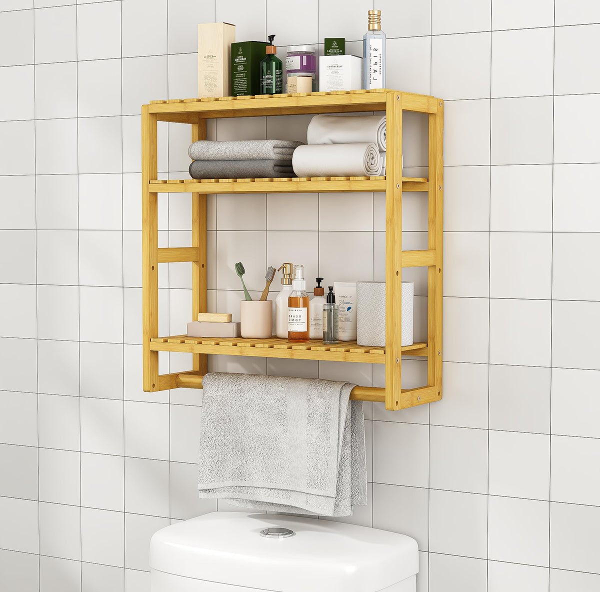 Galood 3 Tier Bathroom Shelves Over The Toilet Storage Cabinet,Adjustable Towel Racks For Bathroom Toilet Paper Storage With Hanging Rod (Nature)