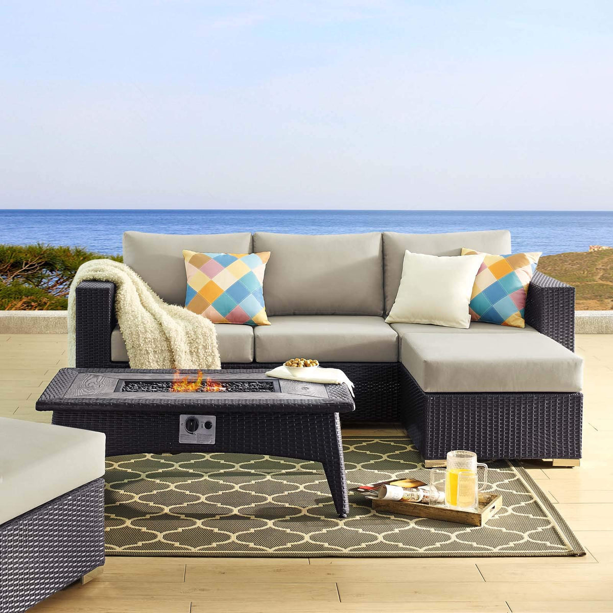 Modway Convene Wicker Rattan 3-Pc Outdoor Patio Sectional Set With Fire Pit In Espresso Beige