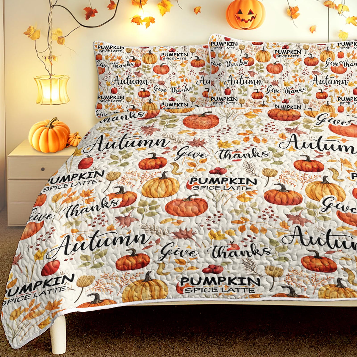 Blessliving Pumpkin Autumn Leaves Design Quilt Set 3 Pieces King Size All Seasons Bedding Quilt Bed Set With 2 Pillowcases For K