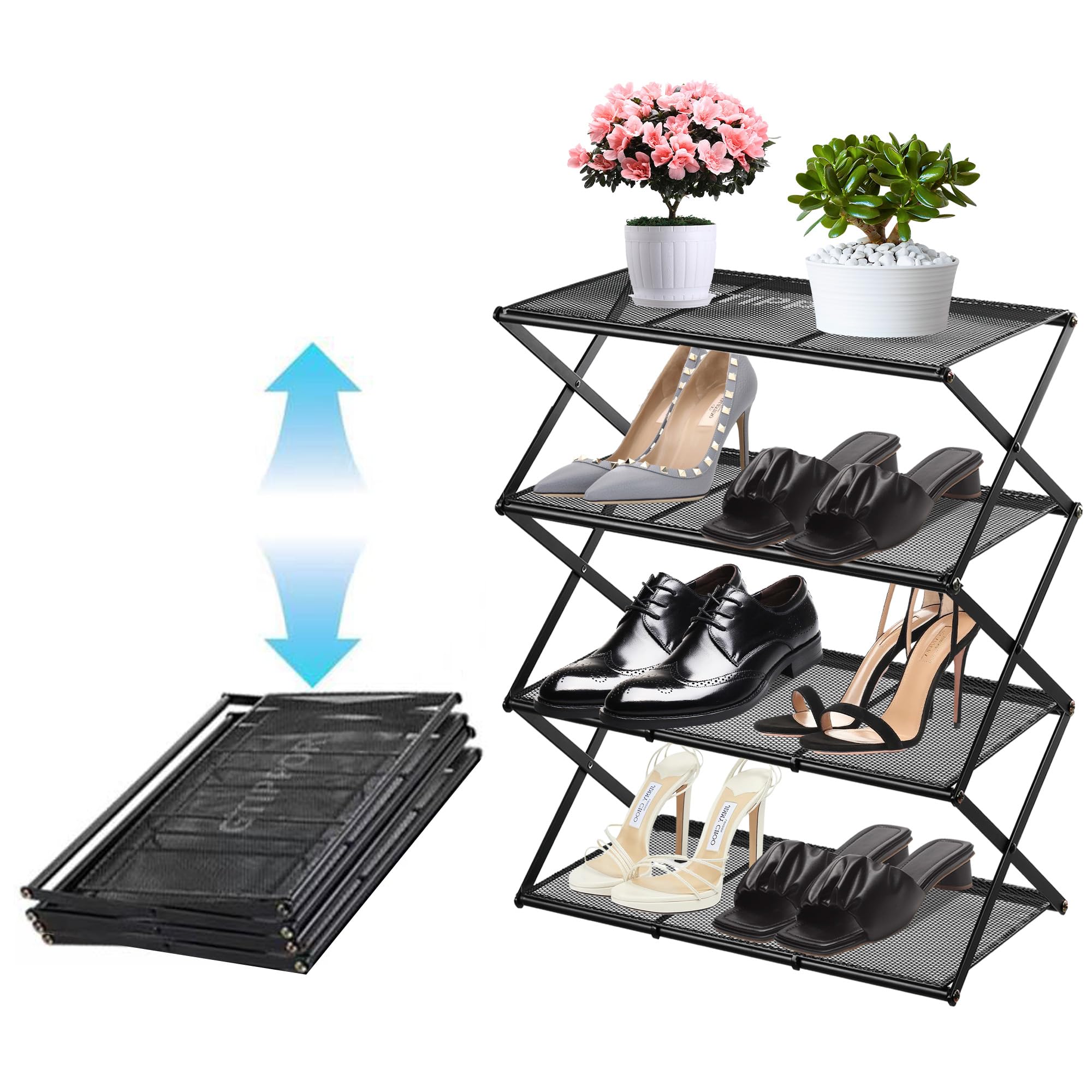 GTIPPOR Shoe Rack for Entryway 4 Tier Foldable Shoe Rack Without Assembly Collapsible Metal Shoe Organizer Folding Shoe Storage 