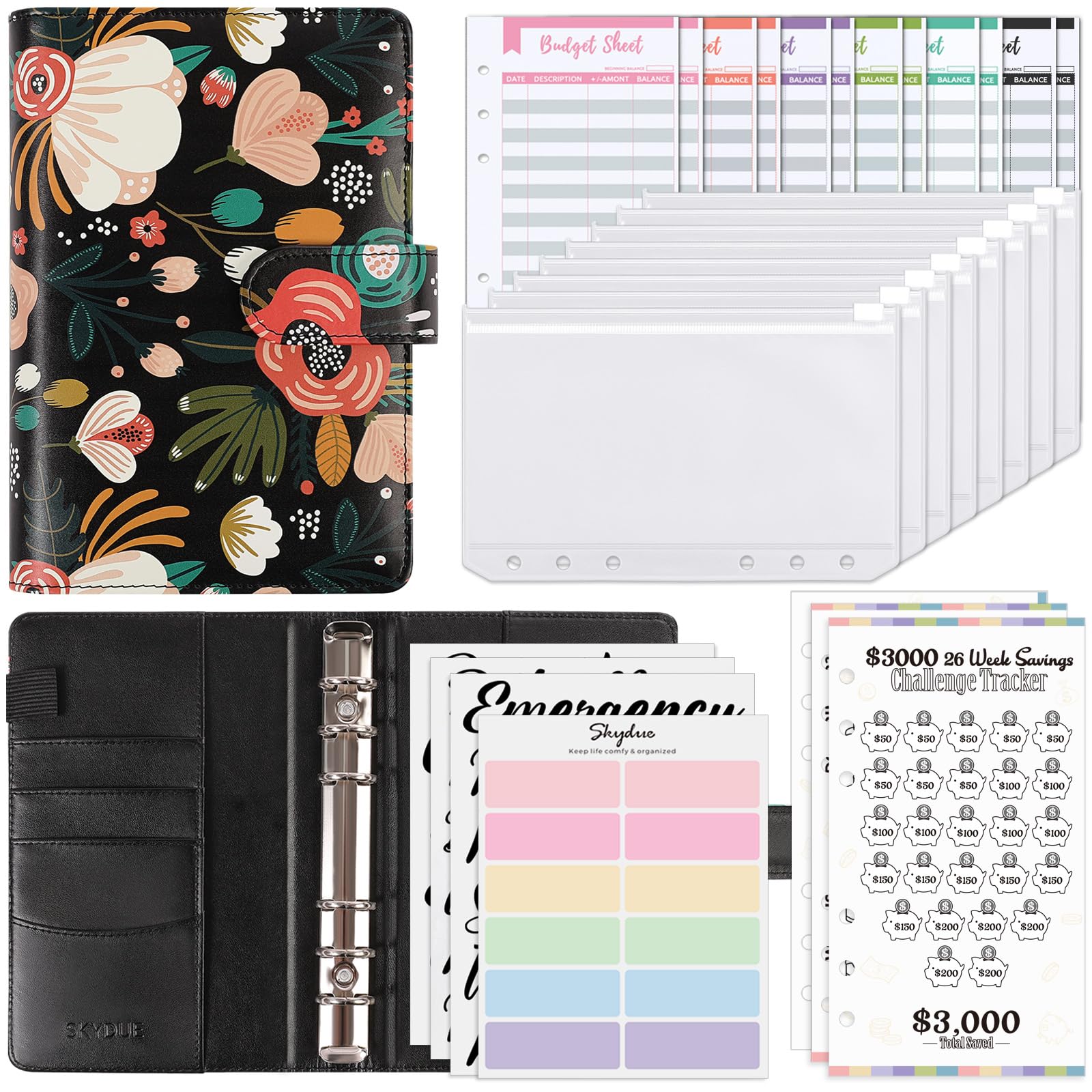 Skydue Budget Binder With 8Pcs Cash Envelopes, Money Saving Binder With 12Pcs Expense Budget Sheets,2Pcs Challenge Trackers, And