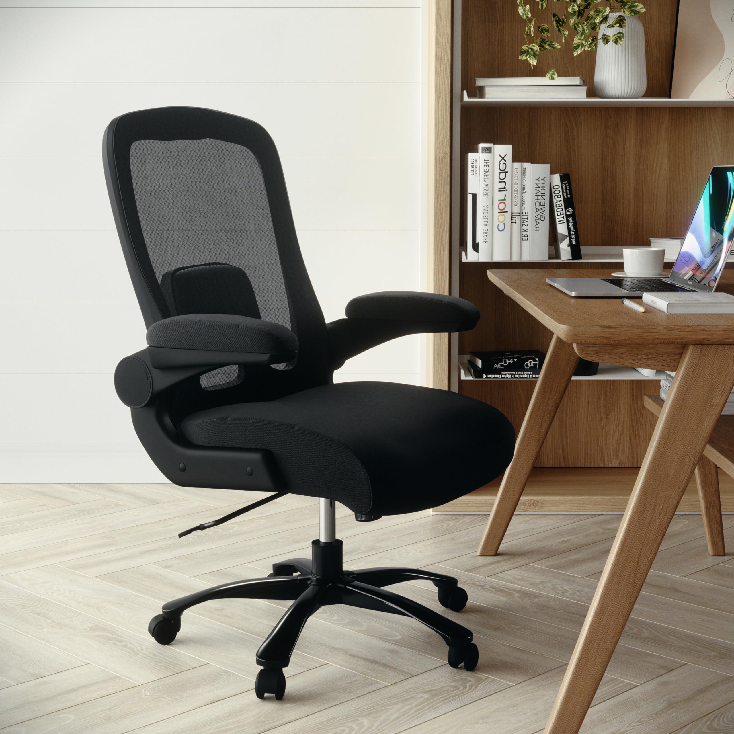 Flash Furniture Big & Tall Swivel Office and Gaming Chair with Lumbar and Back Support, Ergonomic Mesh Office Chair with Flip-Up Armrests and Adjustable Height, Black